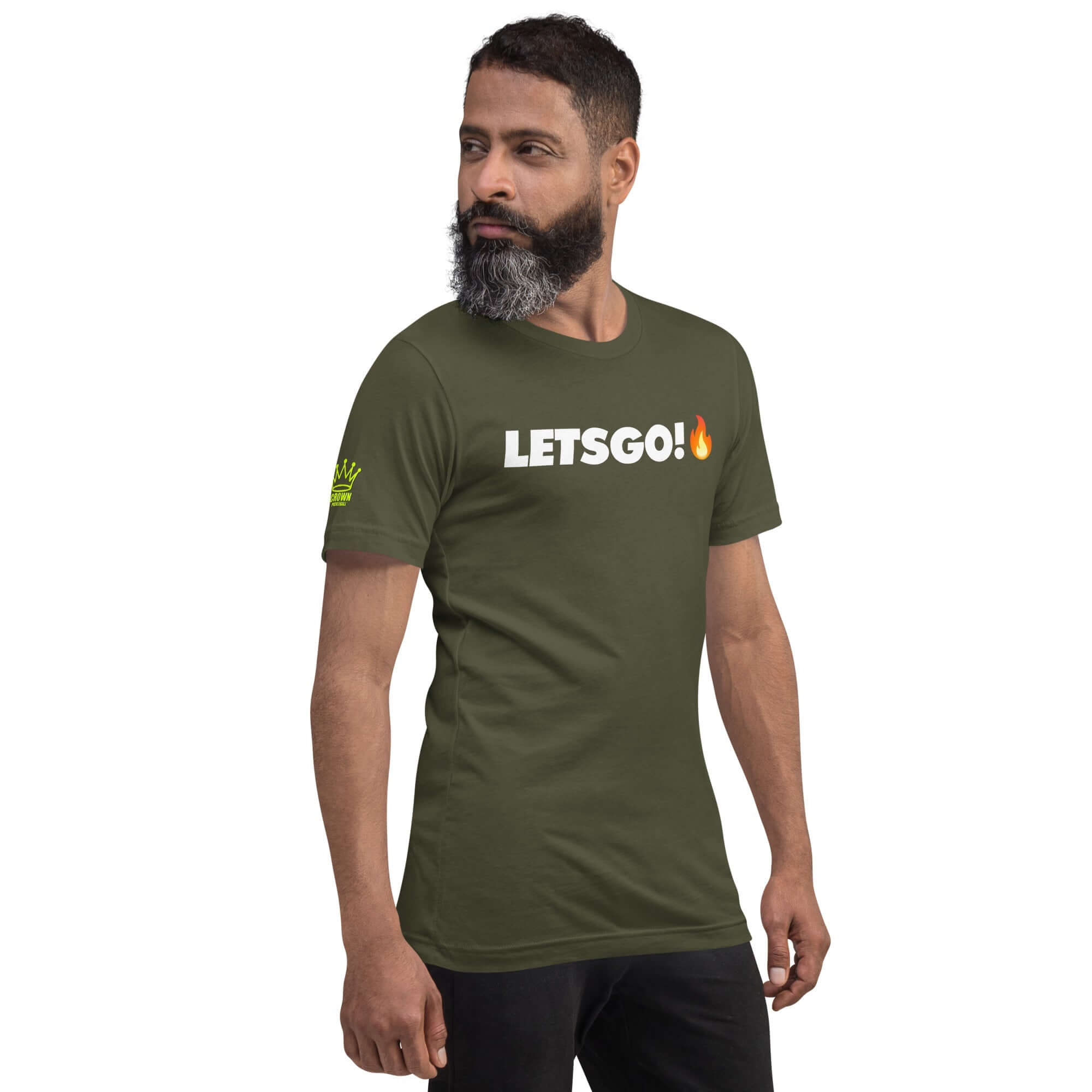 Man in olive green t-shirt with "LETSGO!" graphic.