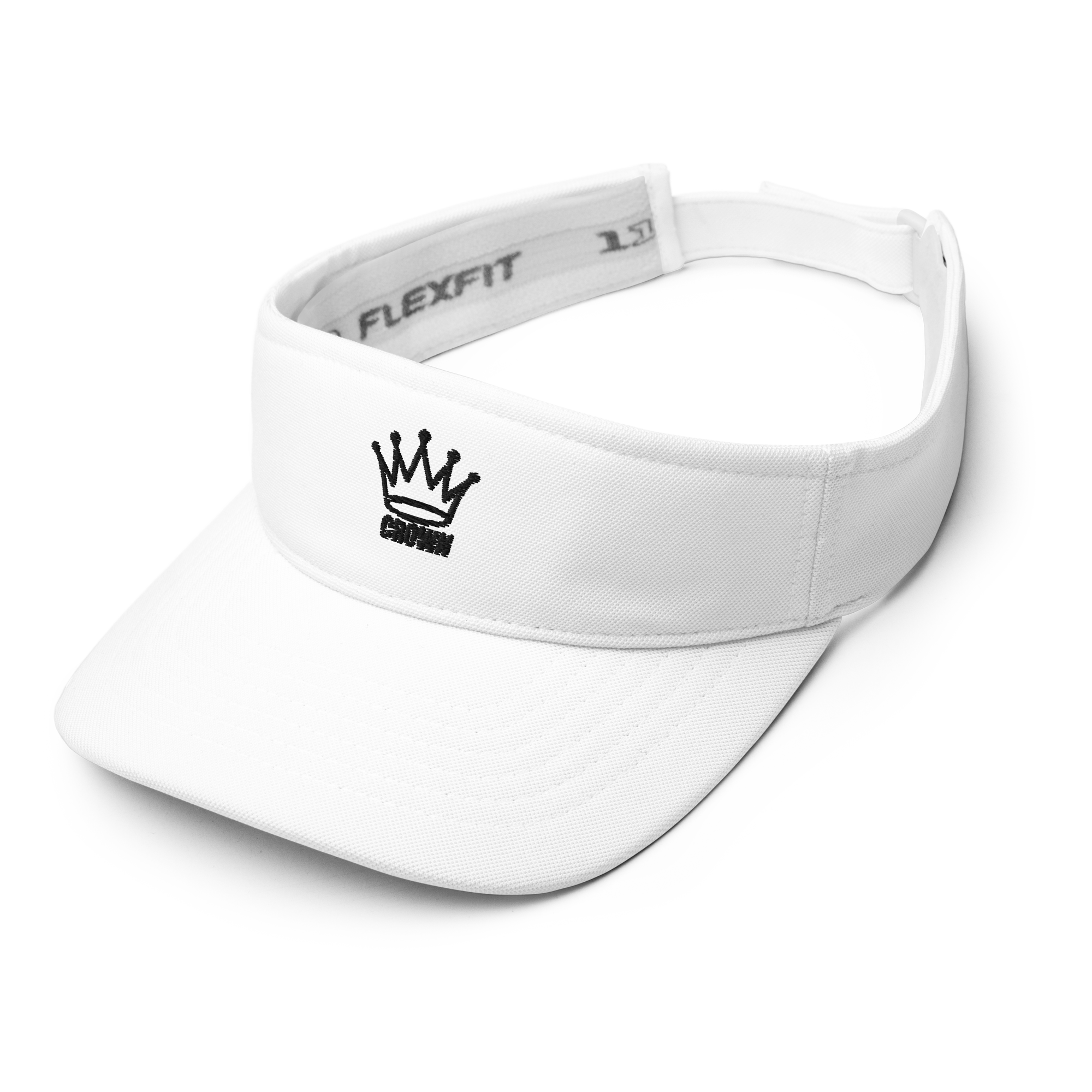 White visor with black crown logo on a black background.