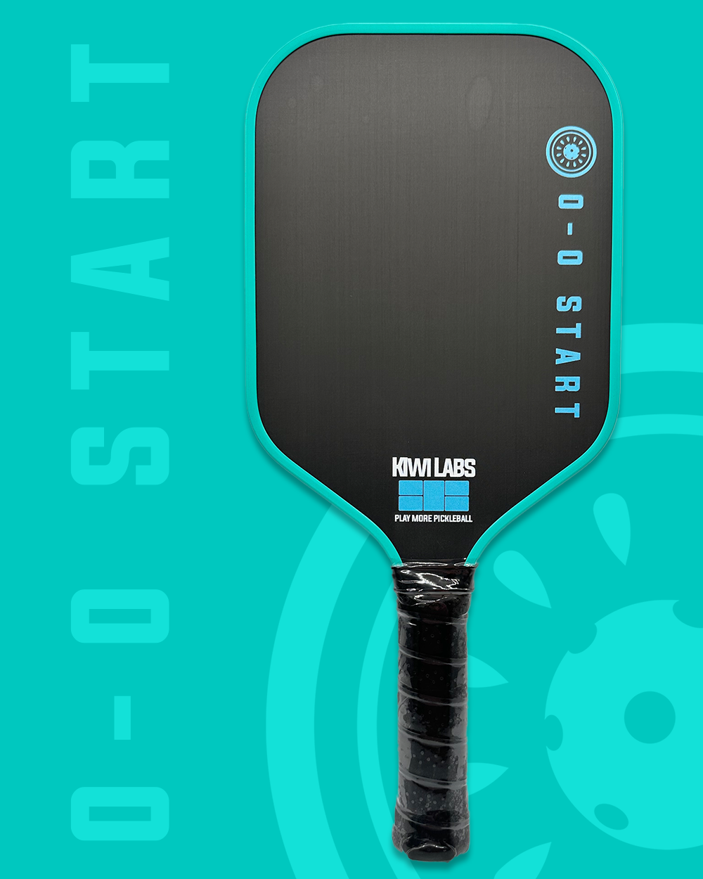 Teal and black pickleball paddle.