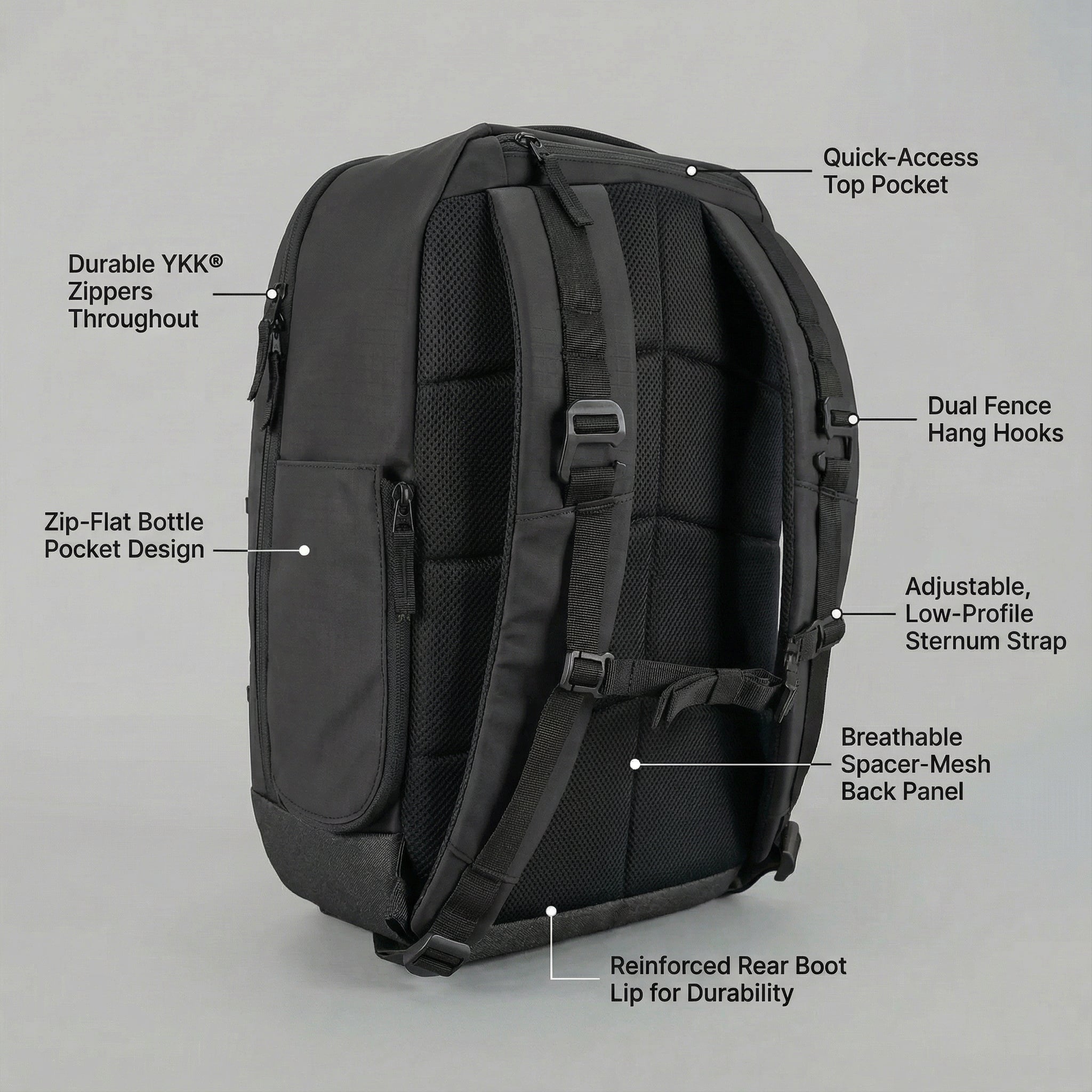 Black pickleball backpack by FORWRD, shown from the back with a breathable mesh panel, adjustable sternum strap, and multiple zipper pockets.