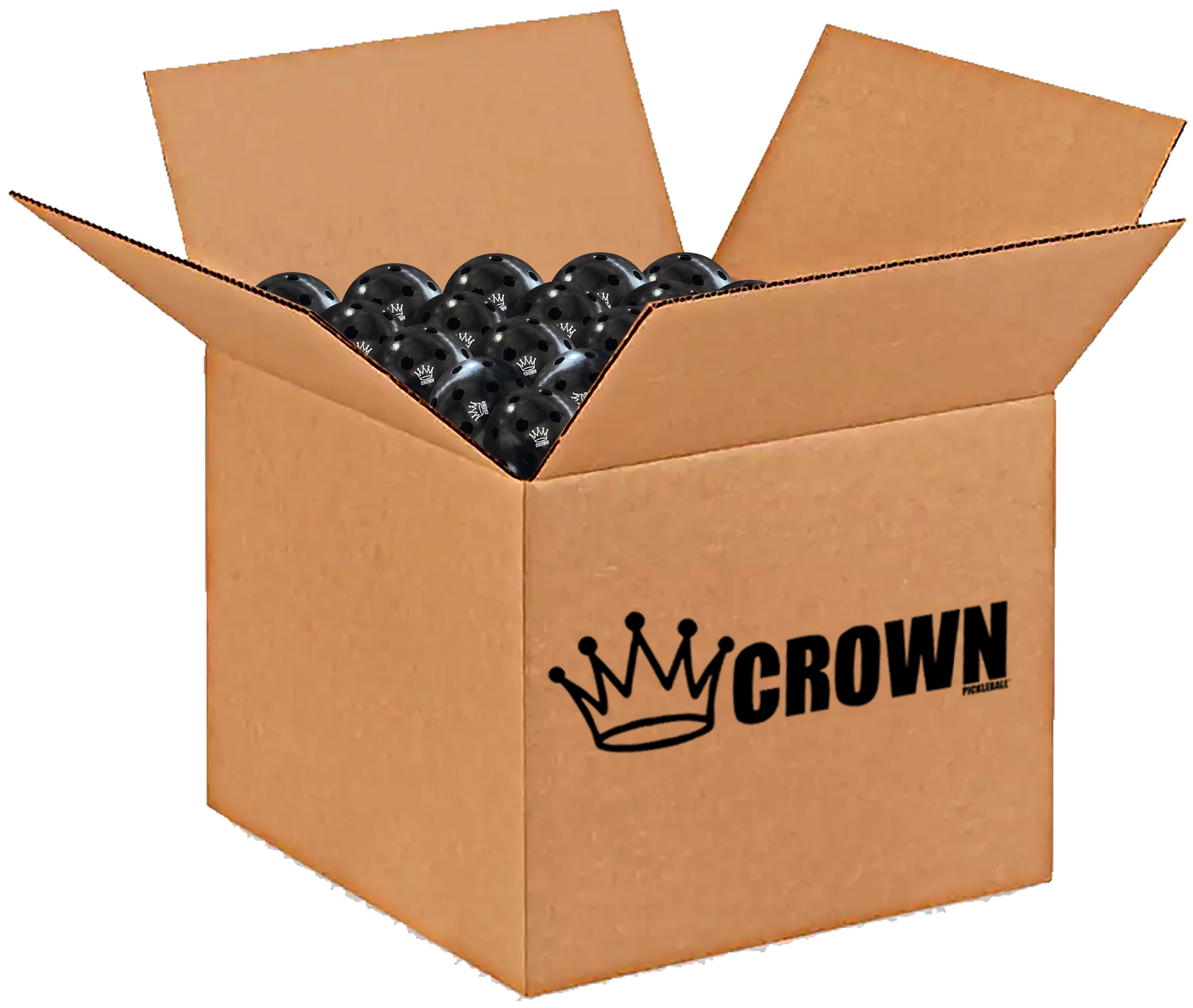 Open cardboard box filled with black pickleballs.