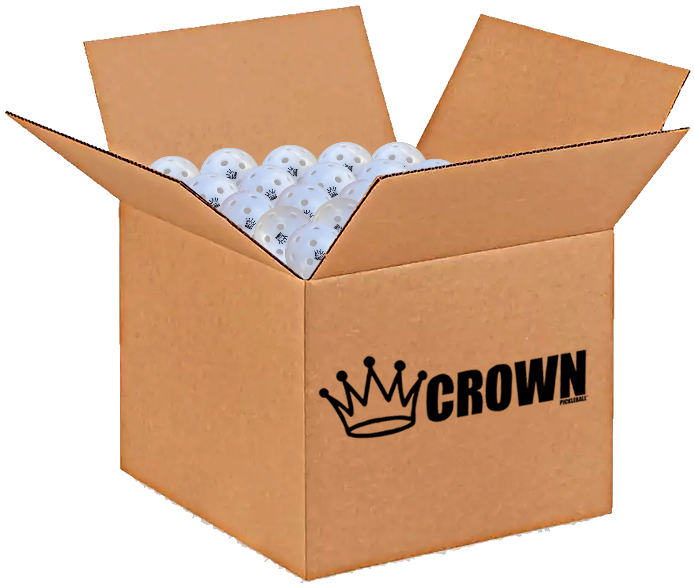 Open cardboard box filled with white pickleballs.