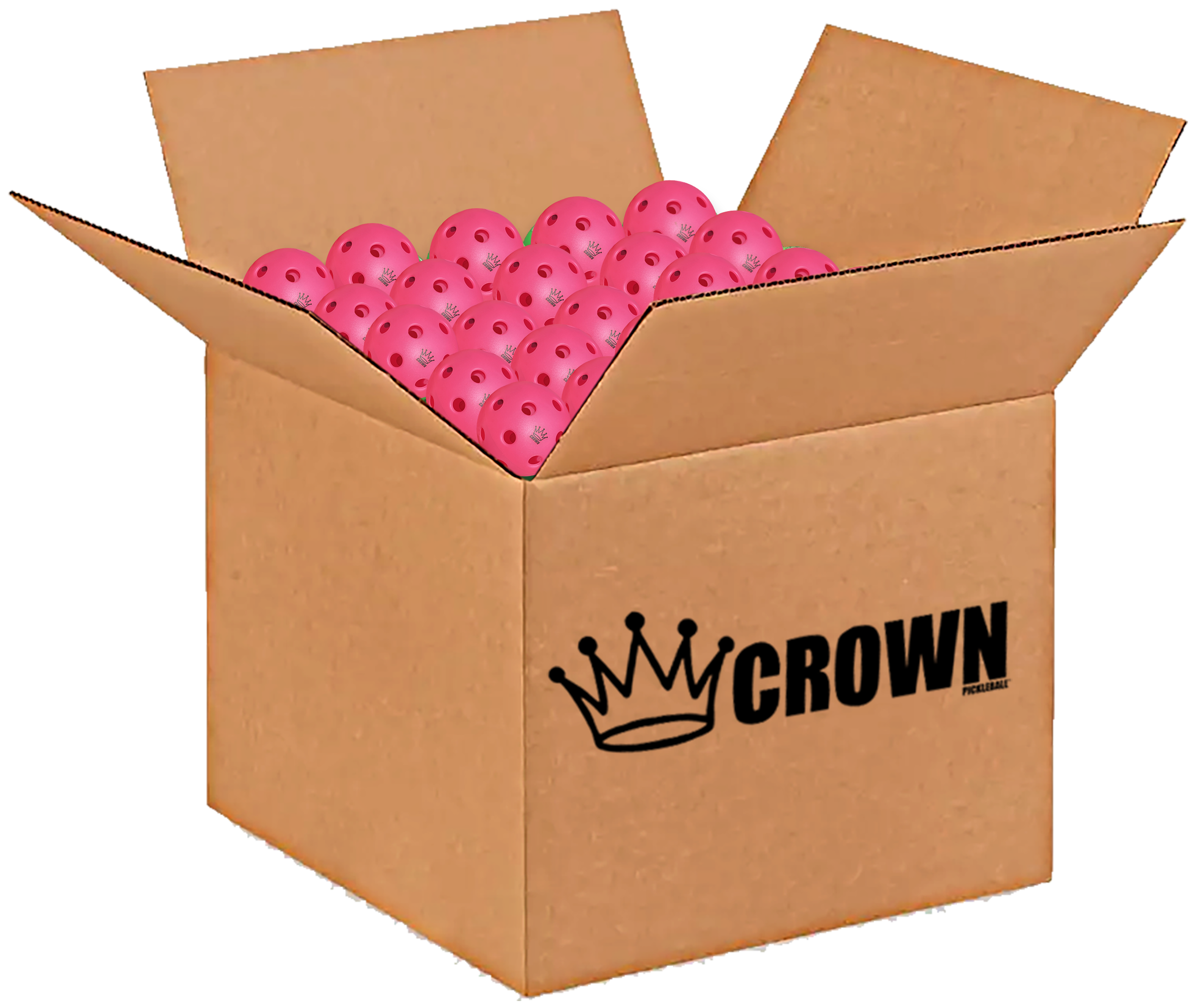 Open cardboard box filled with pink pickleballs, "Crown" logo visible.
