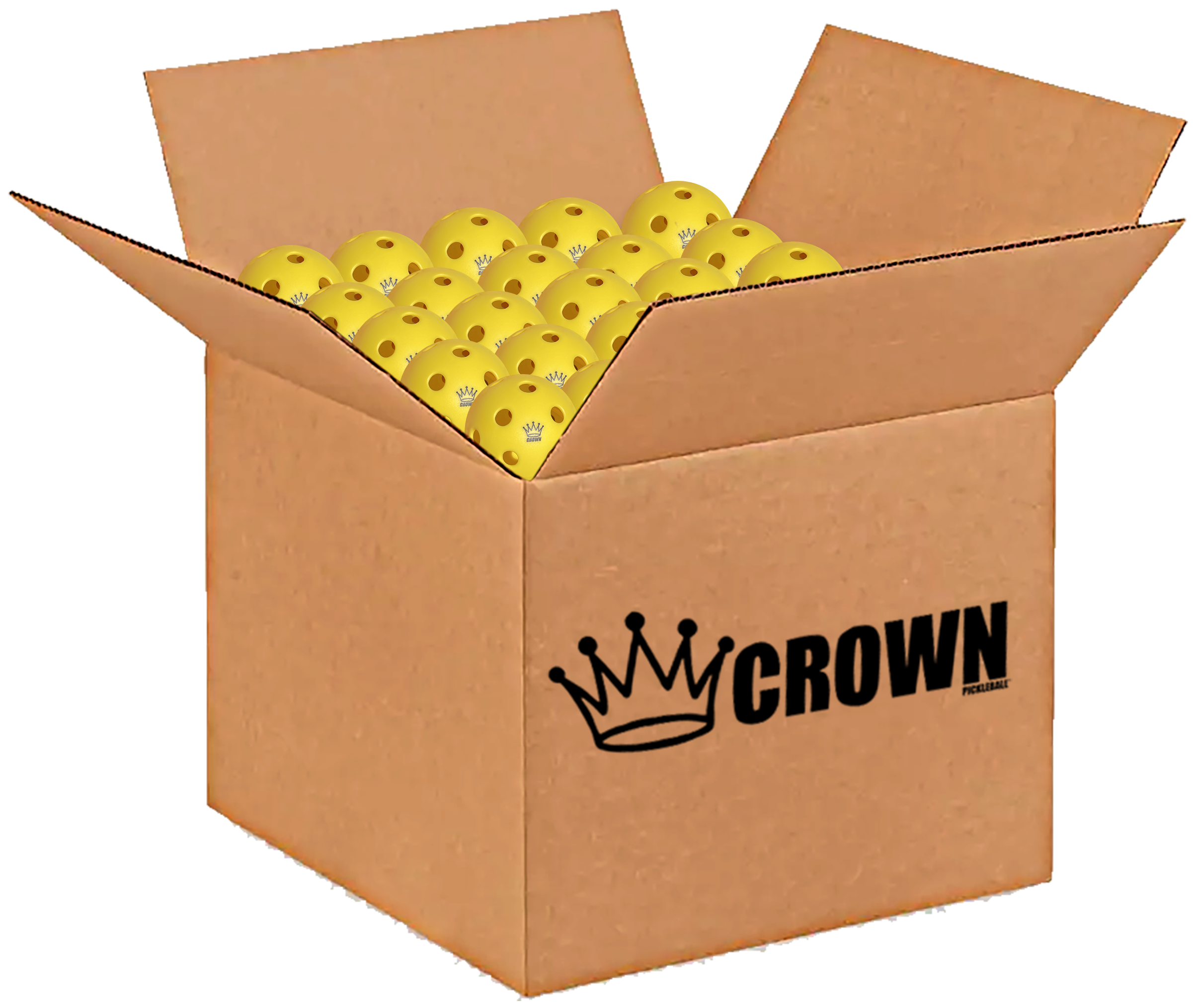 Open cardboard box filled with yellow pickleballs.