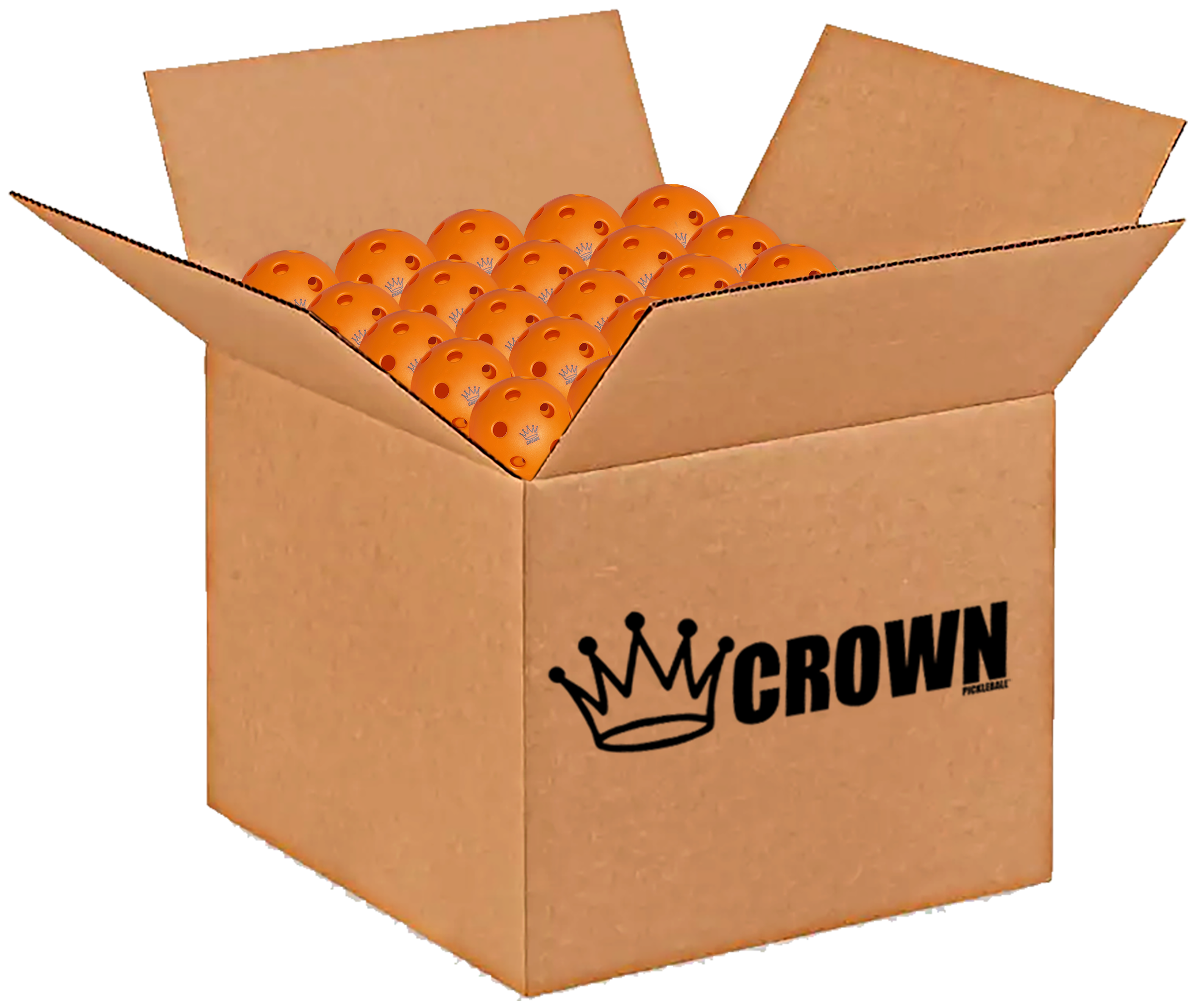 An open box of orange pickleballs.