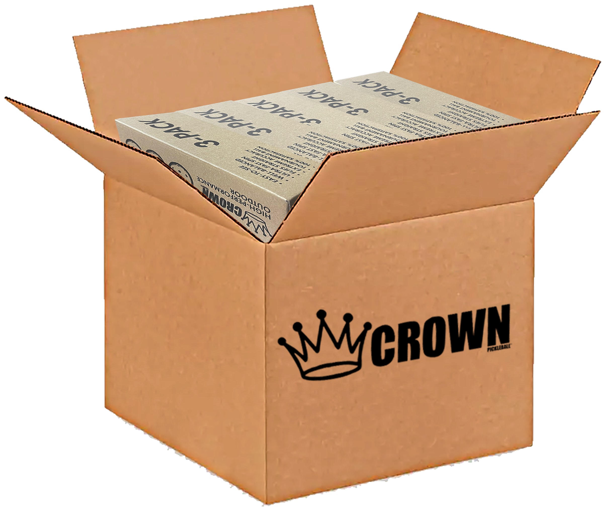 Open cardboard box with a package of "Crown" pickleballs.