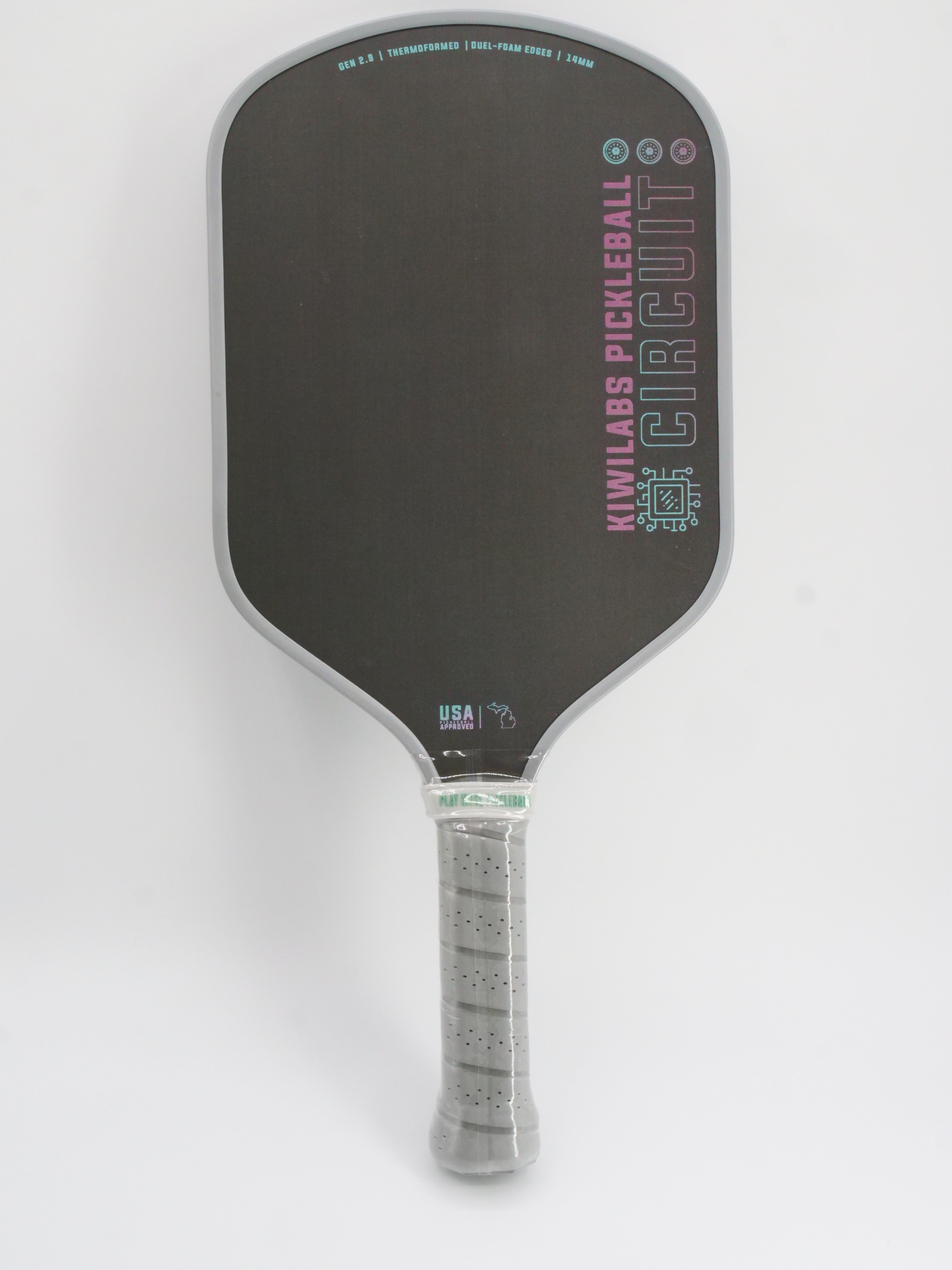 Black and gray Kiwilabs Pickleball Circuit paddle.
