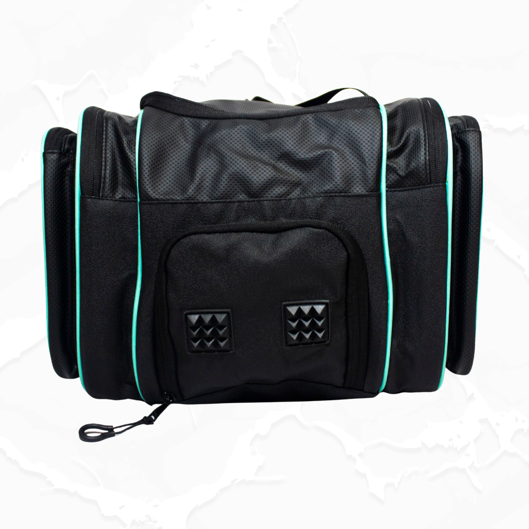 Black duffle bag by Bodhi Pickleball with perforated panels, bright aqua piping, and two raised geometric squares on the front.