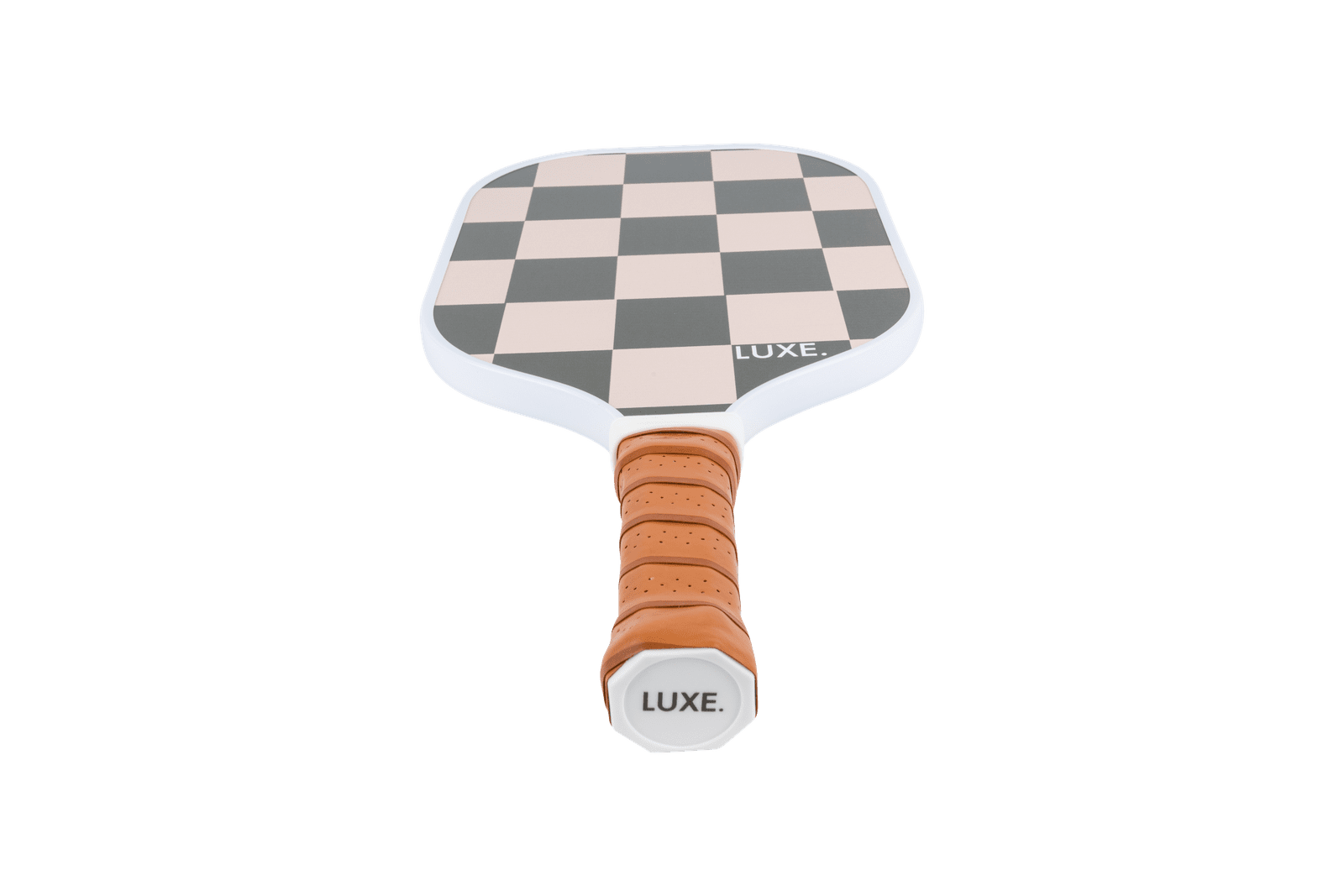 Pickleball paddle with checkered face and leather grip.