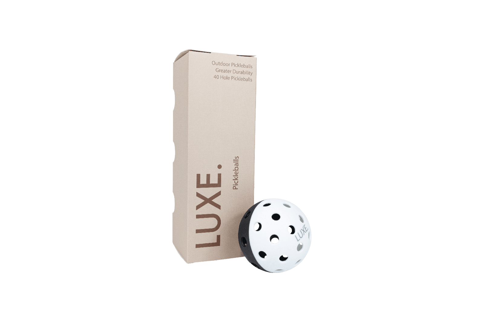Box of Luxe pickleballs with a white and black pickleball.