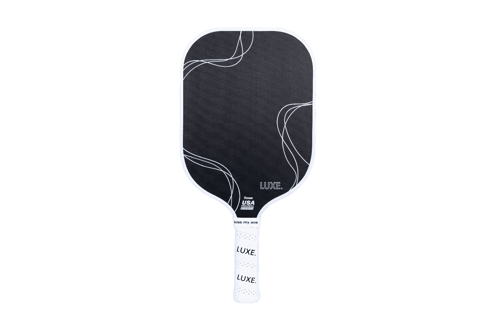 A black and white pickleball paddle with a white grip.