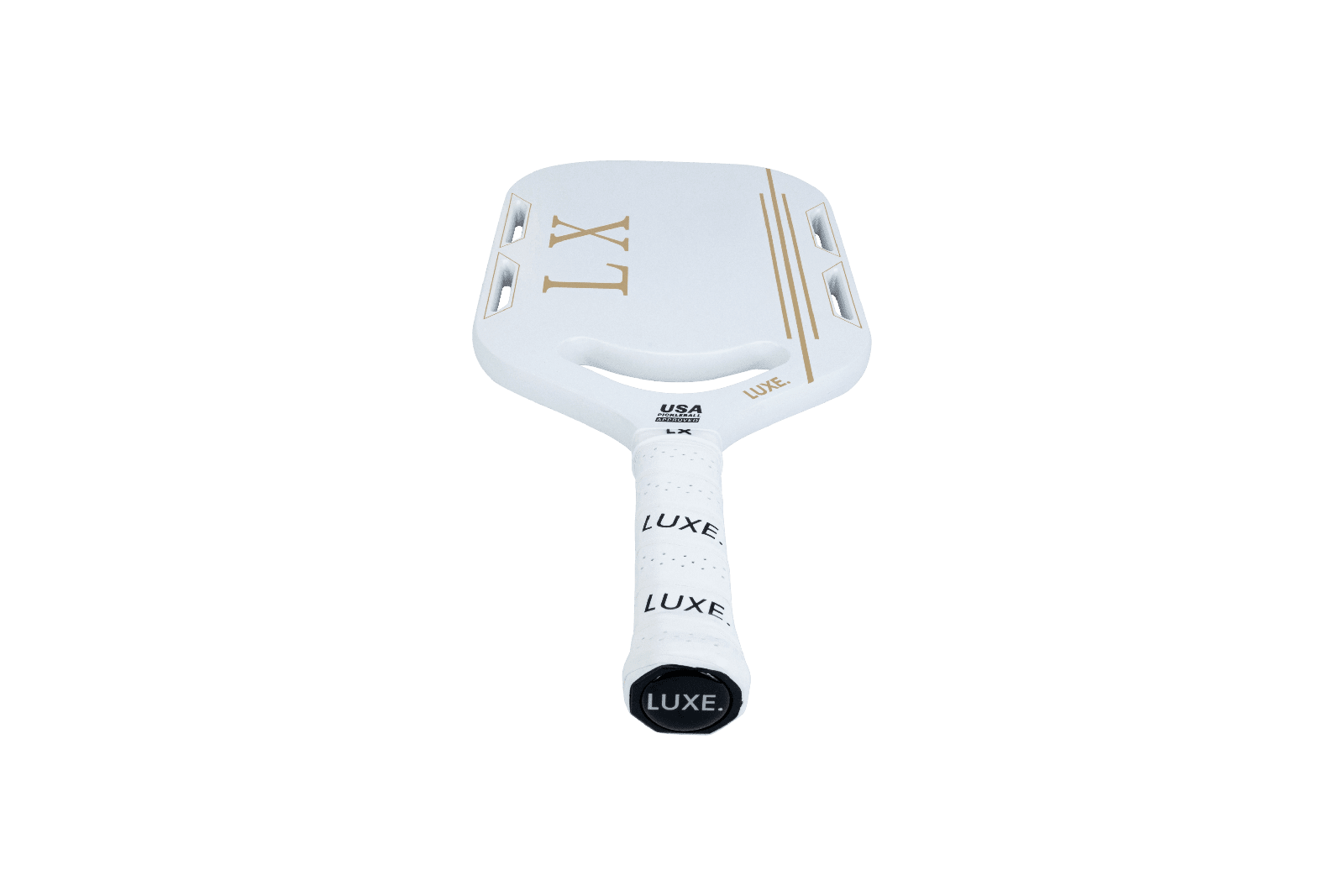 White Luxe LX pickleball paddle on green background.