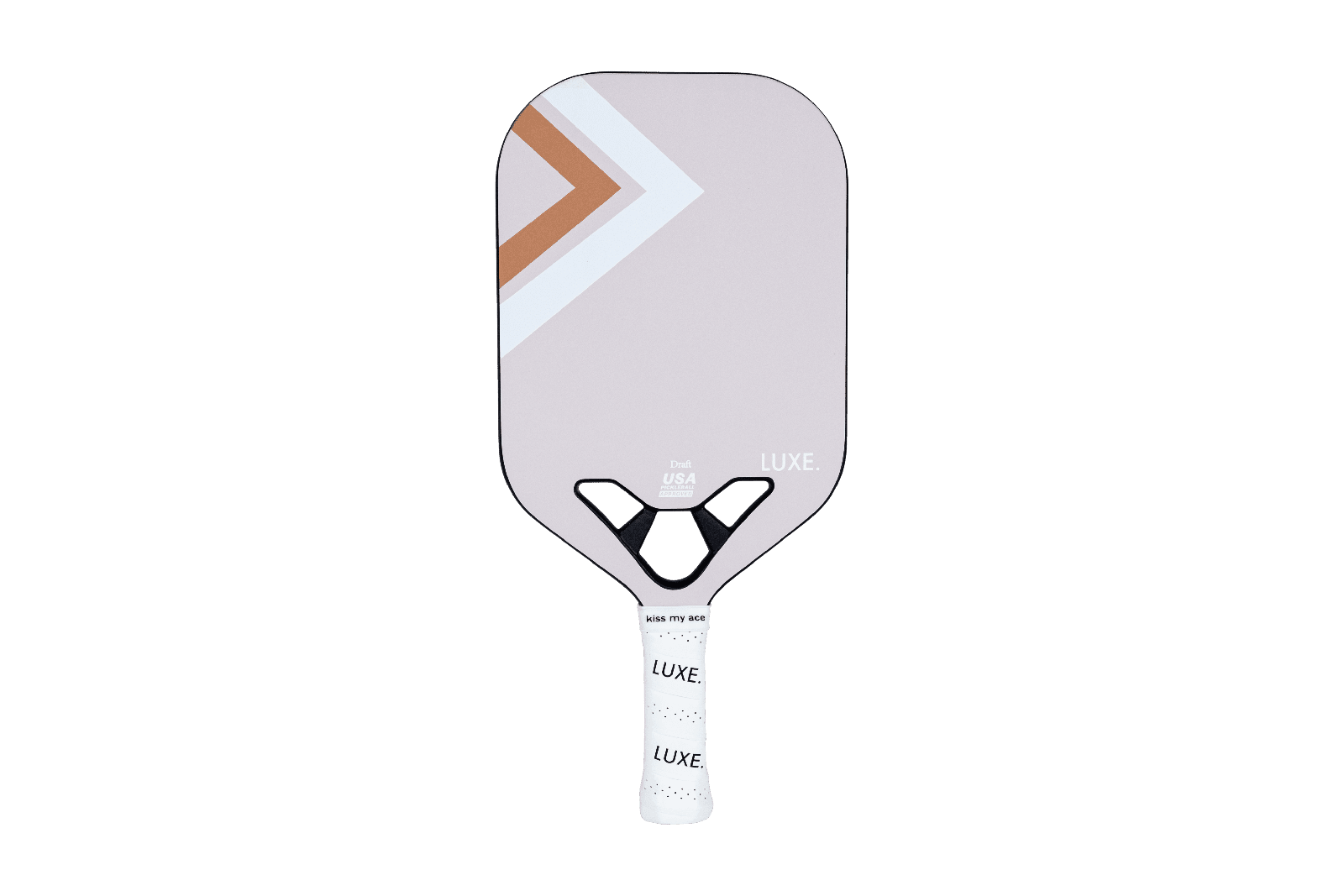 Pickleball paddle with neutral tones, brown and white chevron detail, and a white wrapped handle.