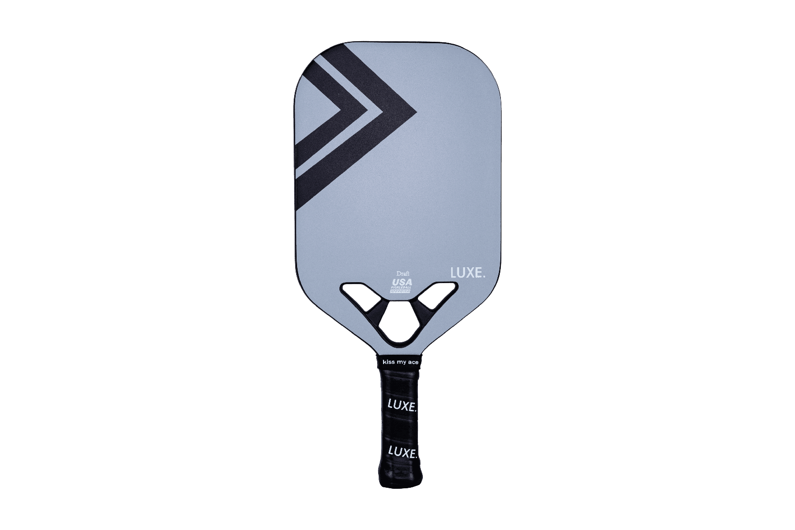 Gray pickleball paddle with black logo and grip.