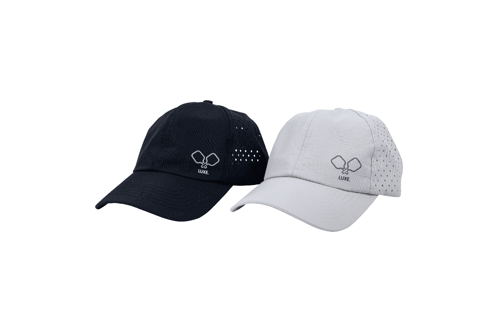 Two baseball caps, one black and one white, with a logo and the word "LUXE".