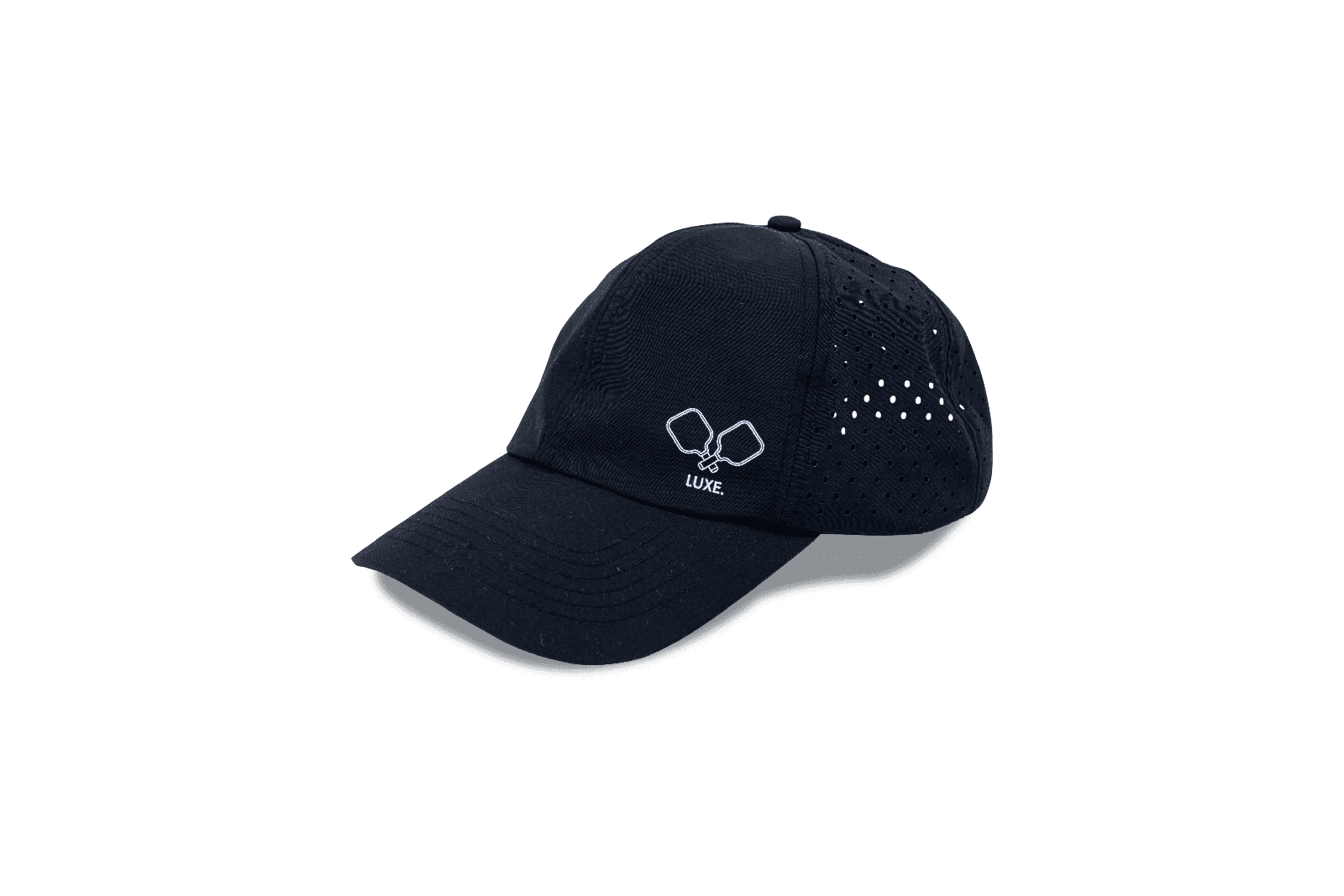 Black baseball cap with white pickleball paddle logo.