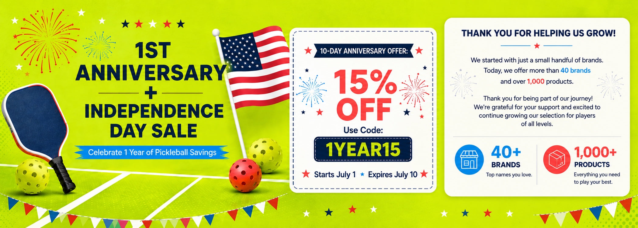 Promotional banner for a 1st Anniversary and Independence Day sale with a 15% off offer and American flag.