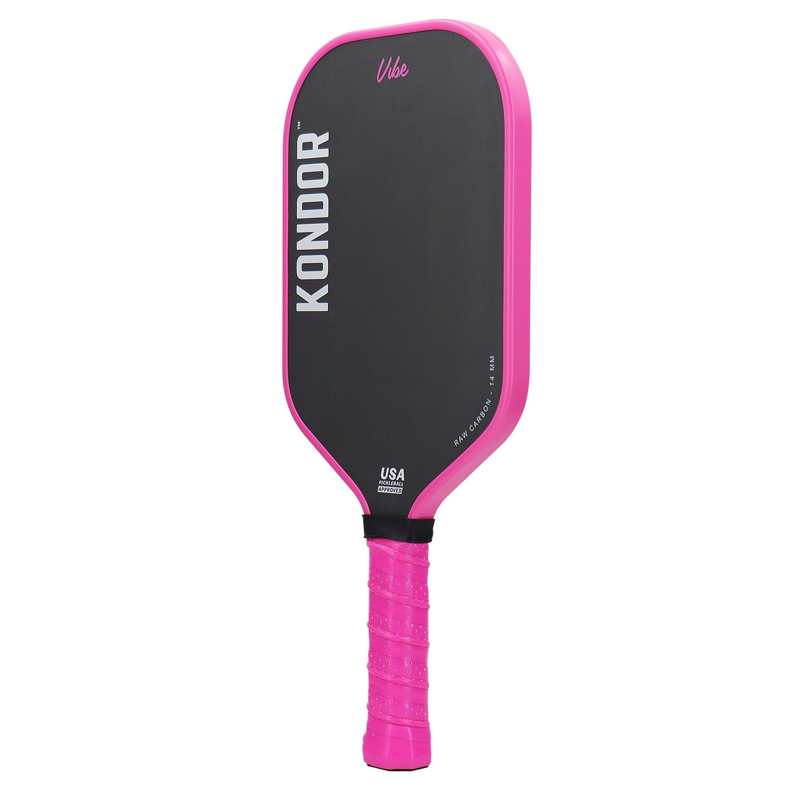 Pink and black pickleball paddle by KONDOR PICKLEBALL, with a textured pink grip, 'Vibe' branding, 'RAW CARBON - 14 MM' and 'USA Pickleball Approved' stamps.