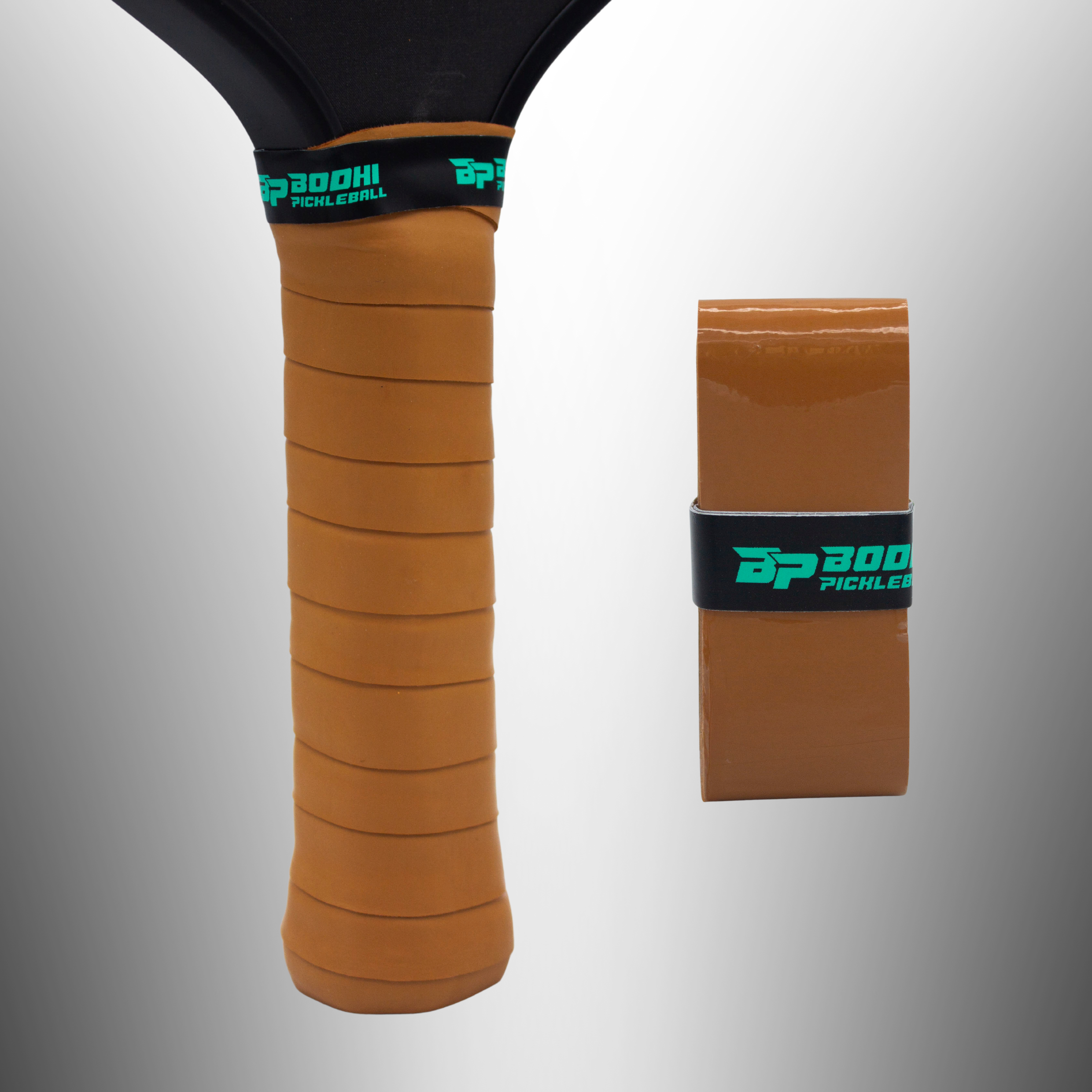 Brown pickleball paddle overgrip from Bodhi Pickleball, shown wrapped on a handle and as a new rectangular overgrip with a teal logo band.