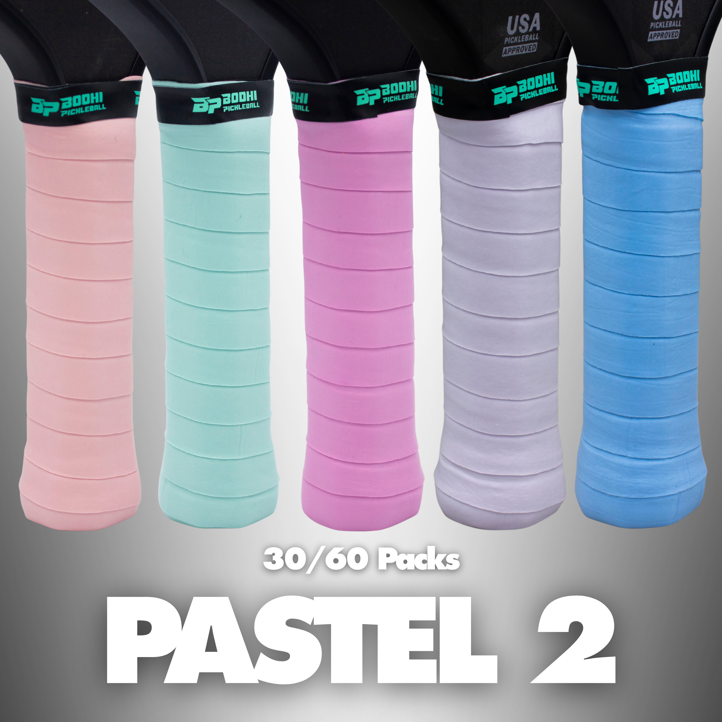 Five pastel pickleball paddle overgrips by Bodhi Pickleball in pink, mint, lavender, light gray, and light blue, with ribbed texture, brand logo, and 'USA Pickleball Approved' text.