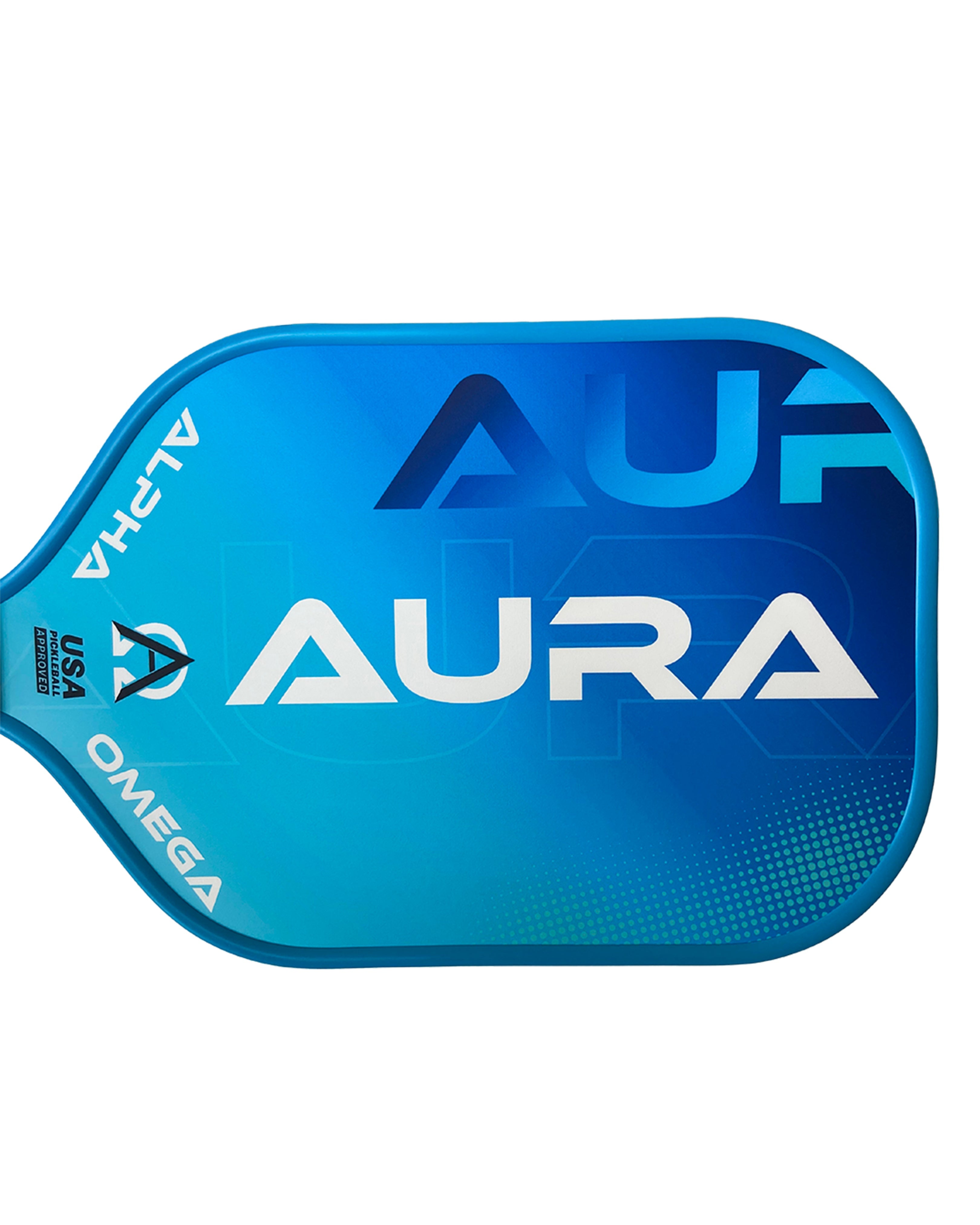 Blue pickleball paddle with "Aura" in white.