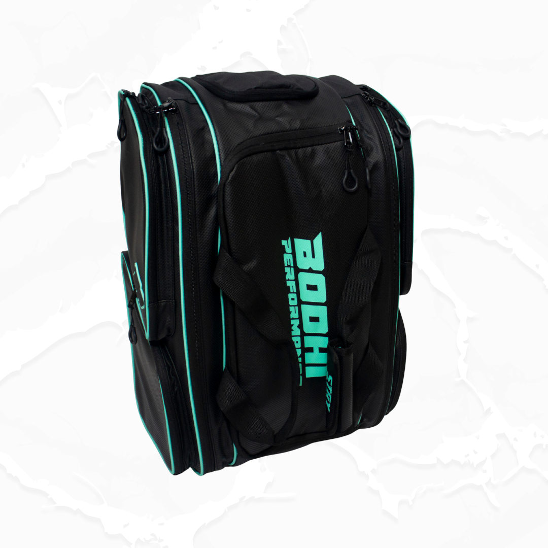 Black PROtour duffle bag by Bodhi Pickleball featuring aqua trim, sturdy zippers, and a prominent "BODHI PERFORMANCE" logo.