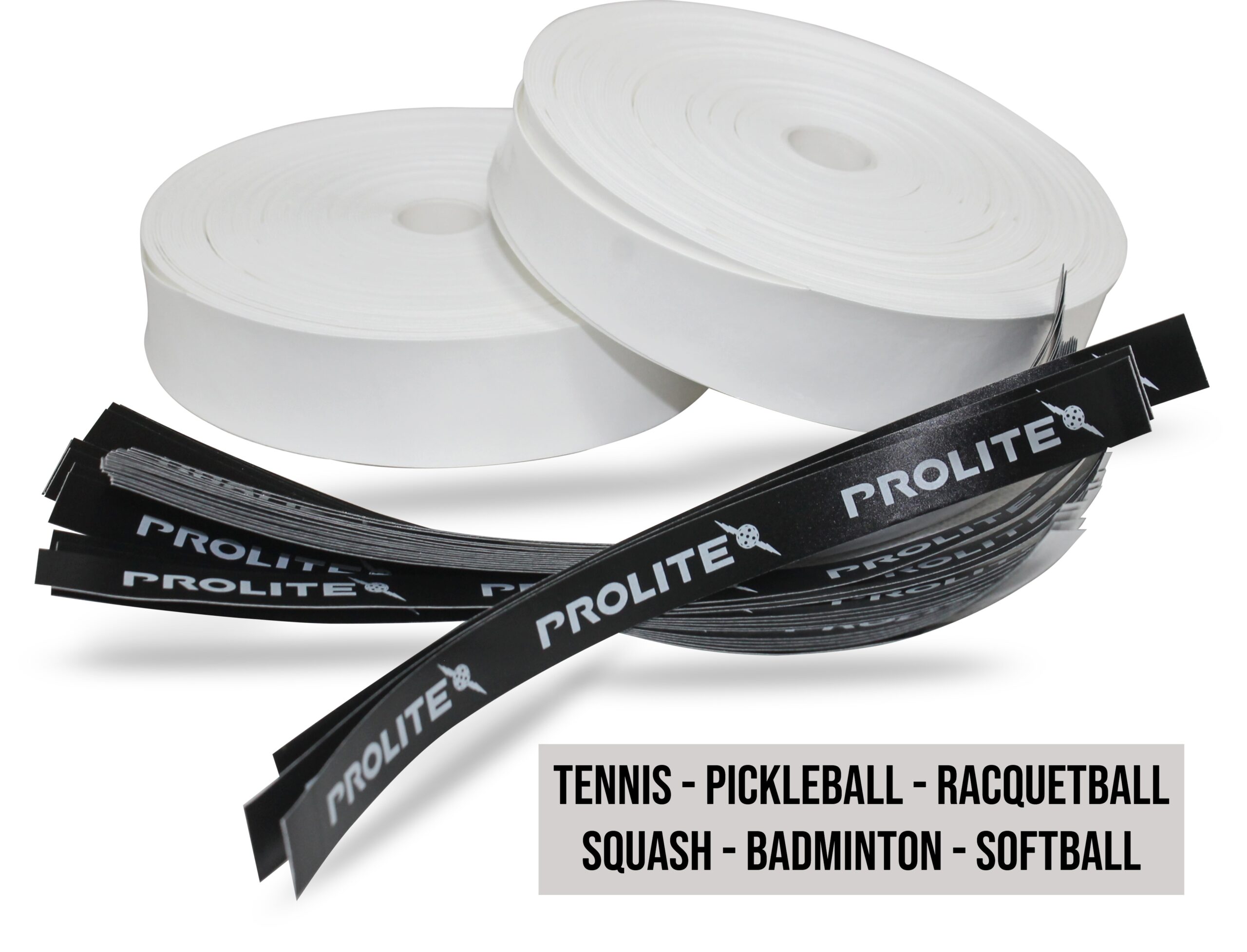 Two rolls of white Prolite replacement grip tape with several black precut end pieces stacked on top. The text "TENNIS - PICKLEBALL - RACQUETBALL, SQUASH - BADMINTON - SOFTBALL" is in the bottom right.