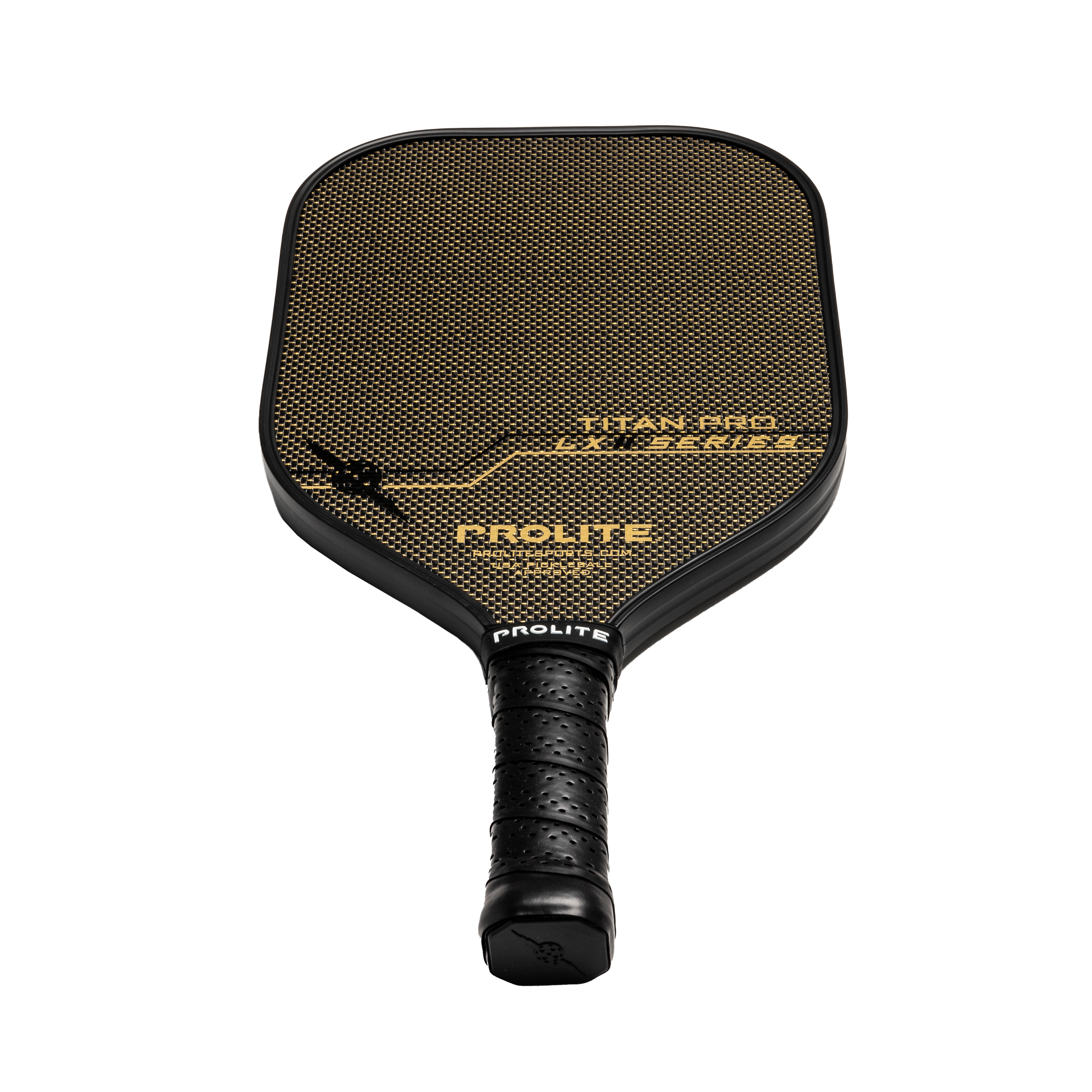 Pickleball paddle with black handle and golden-colored net surface.