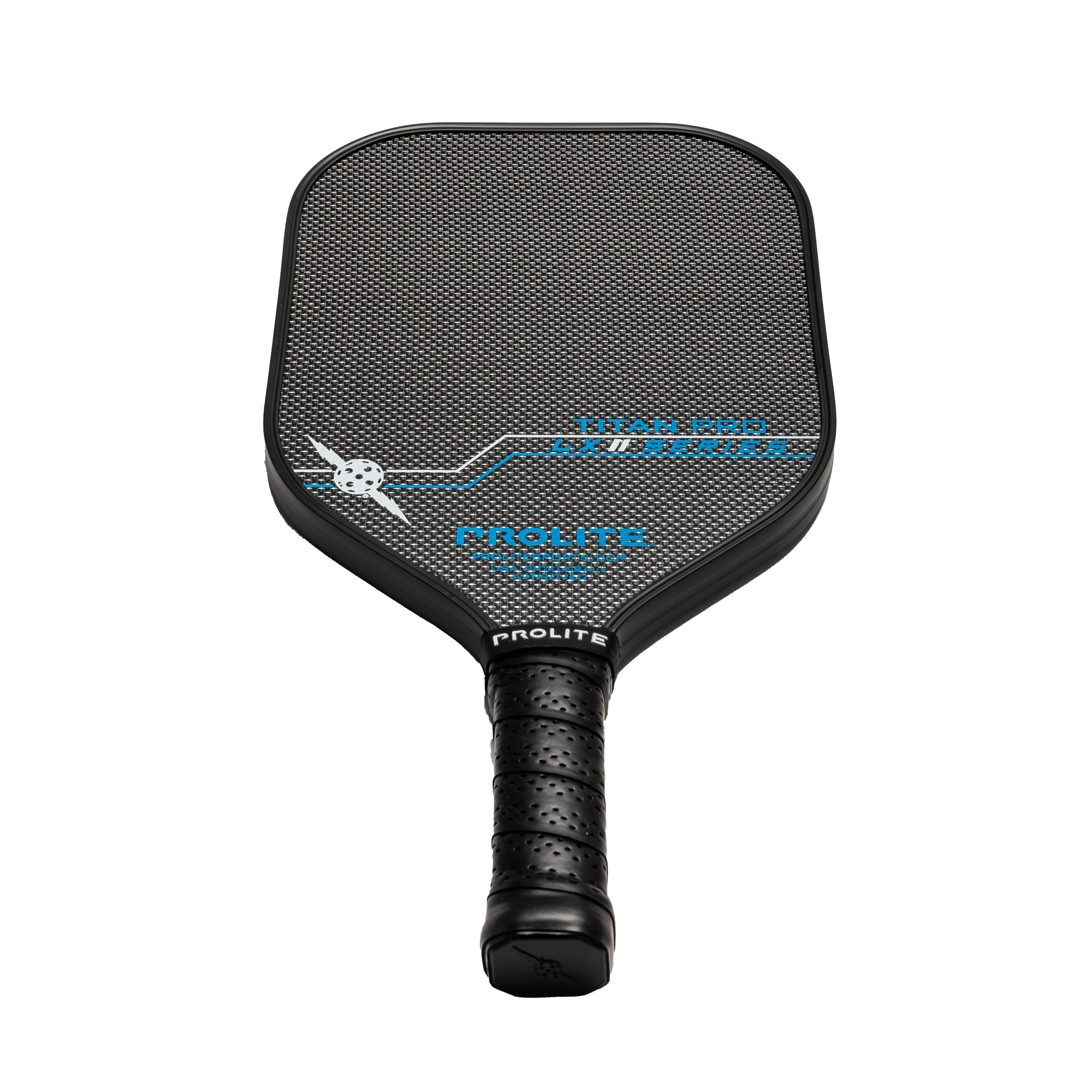 Black pickleball paddle with perforated grip.
