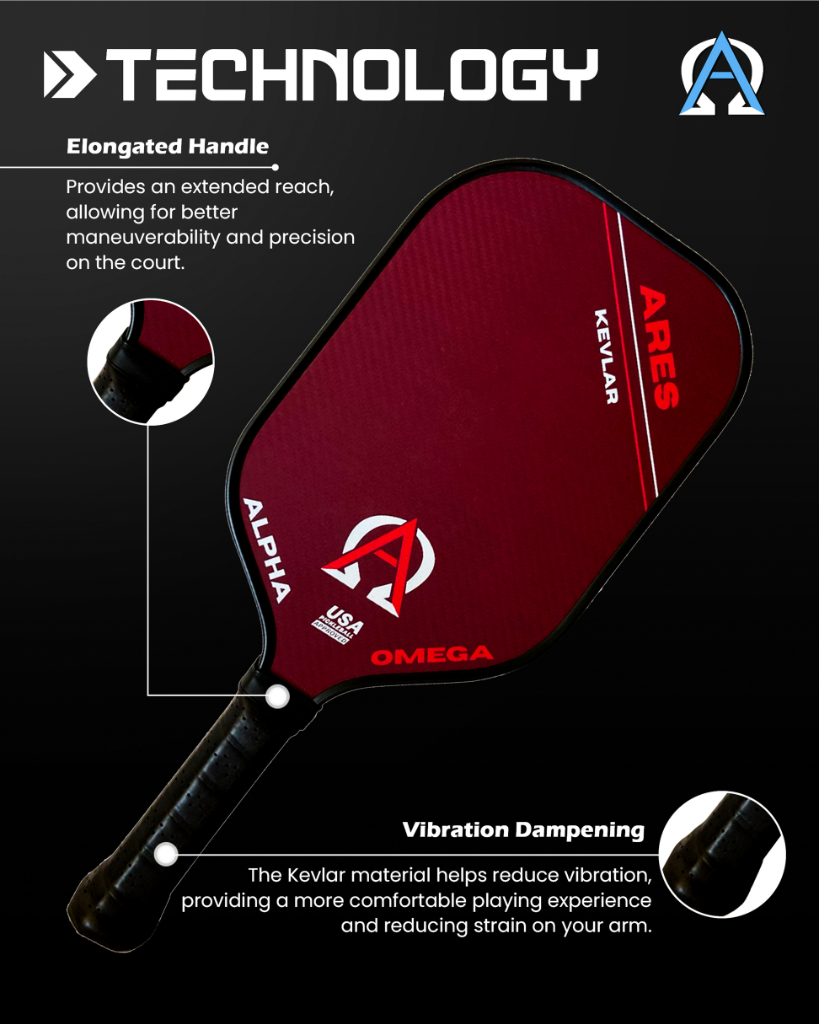 Red and black paddle with technology details.
