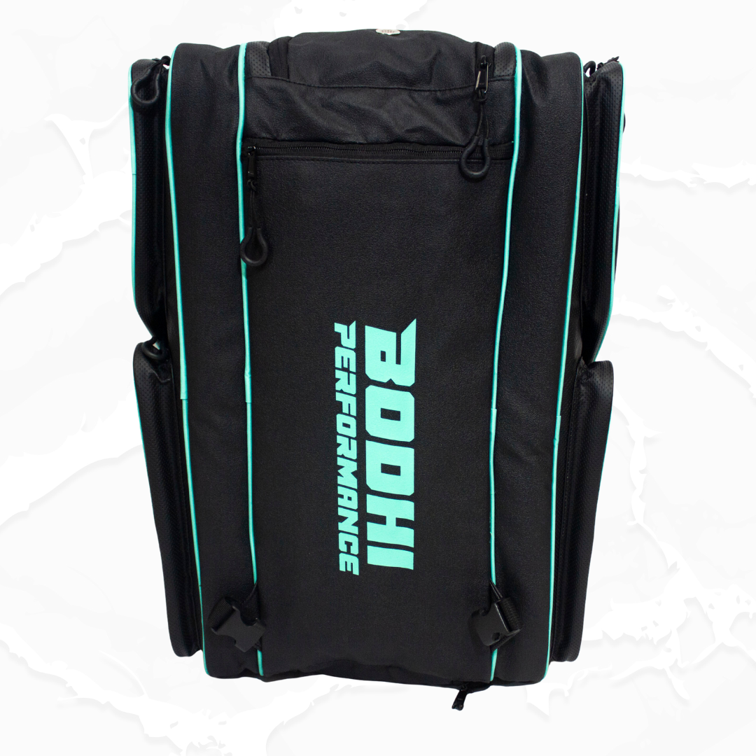 Black duffle bag from Bodhi Pickleball with teal piping and "BODHI PERFORMANCE" logo.