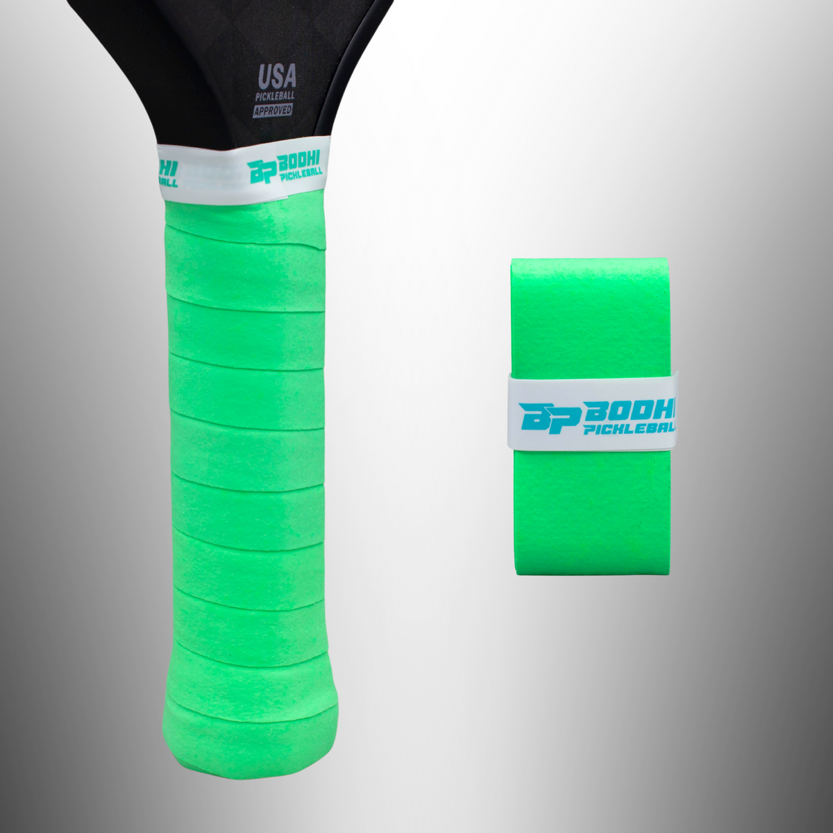 Bright green textured overgrip by DRYtack with white band and teal logo, shown wrapped on paddle handle and as standalone roll.