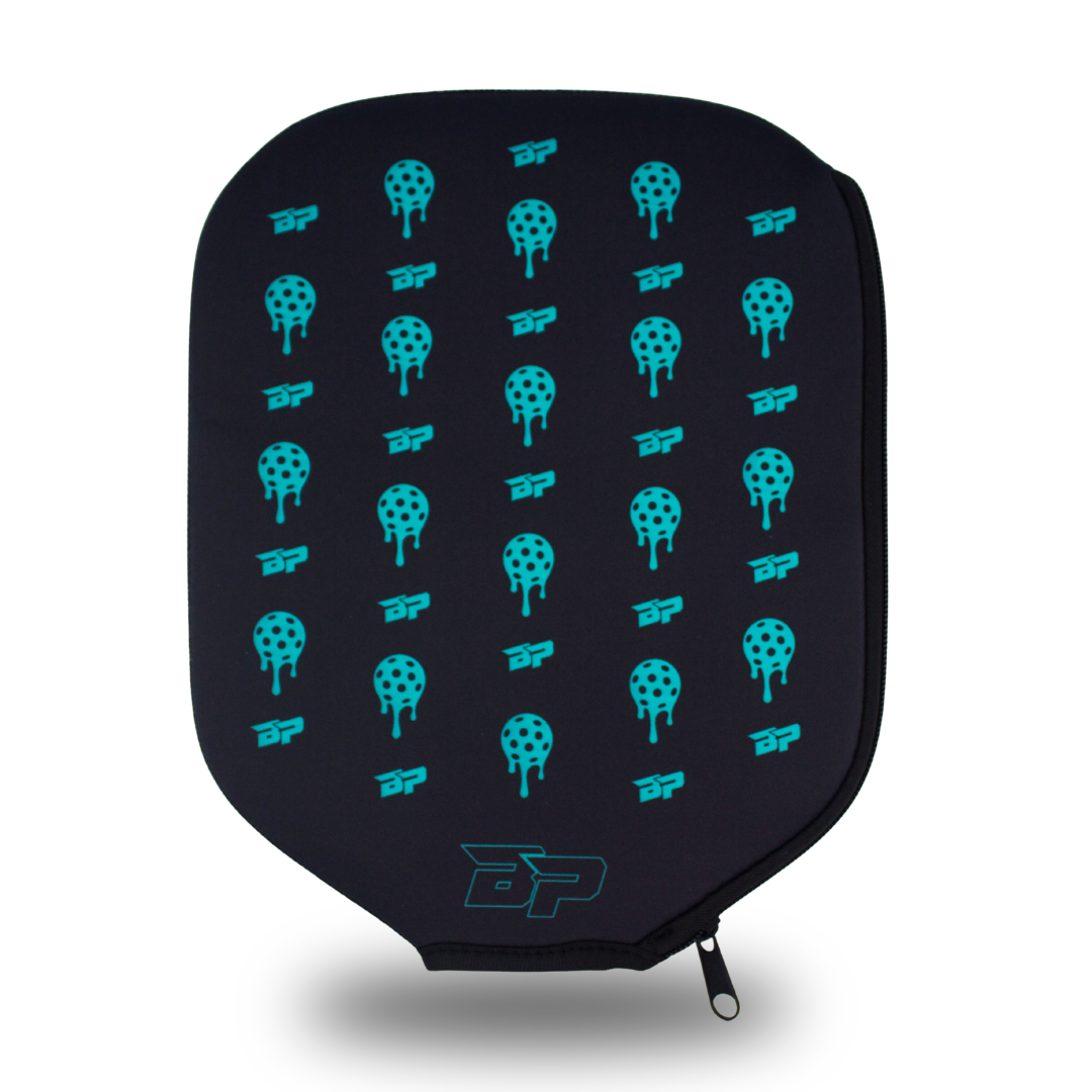Black paddle cover by Bodhi Performance with a repeating teal melting ball and BP logo pattern, and a side zipper.