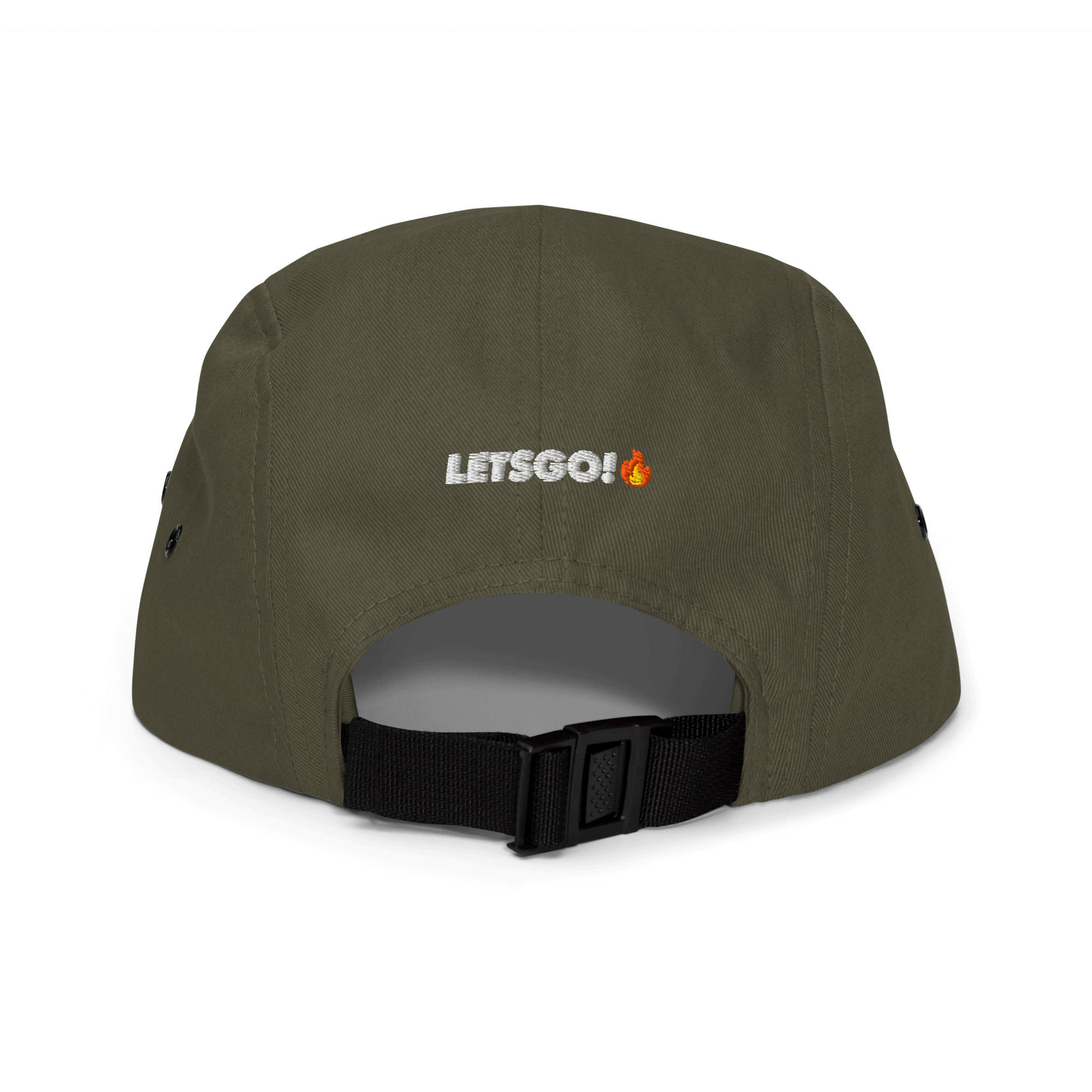 Back of olive green cap with white "LETSGO!" text and flame graphic, black adjustable strap.