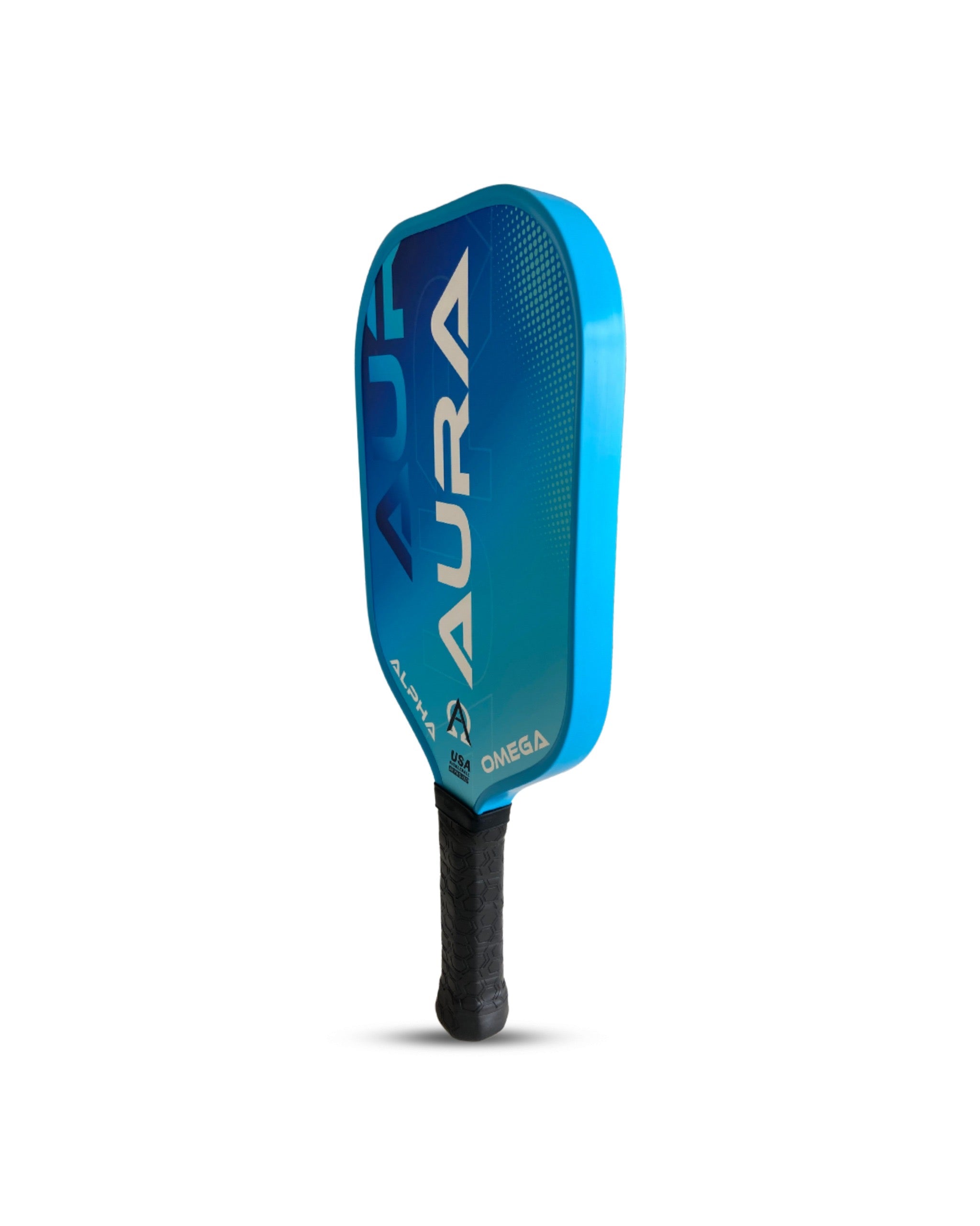 A blue pickleball paddle with a black handle.