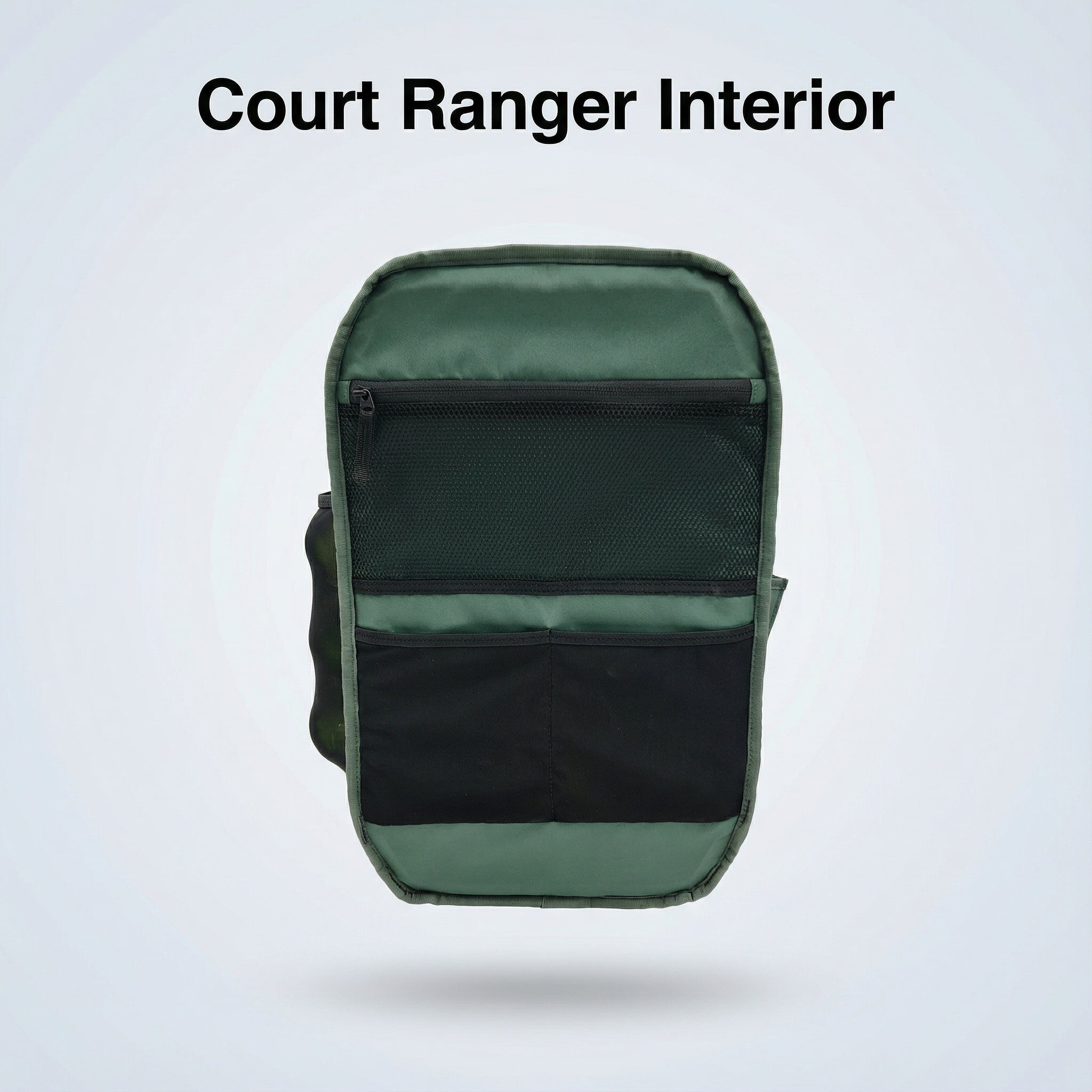 Green Court Ranger pickleball backpack interior by FORWRD, with a large zippered mesh pocket and two open lower pockets.