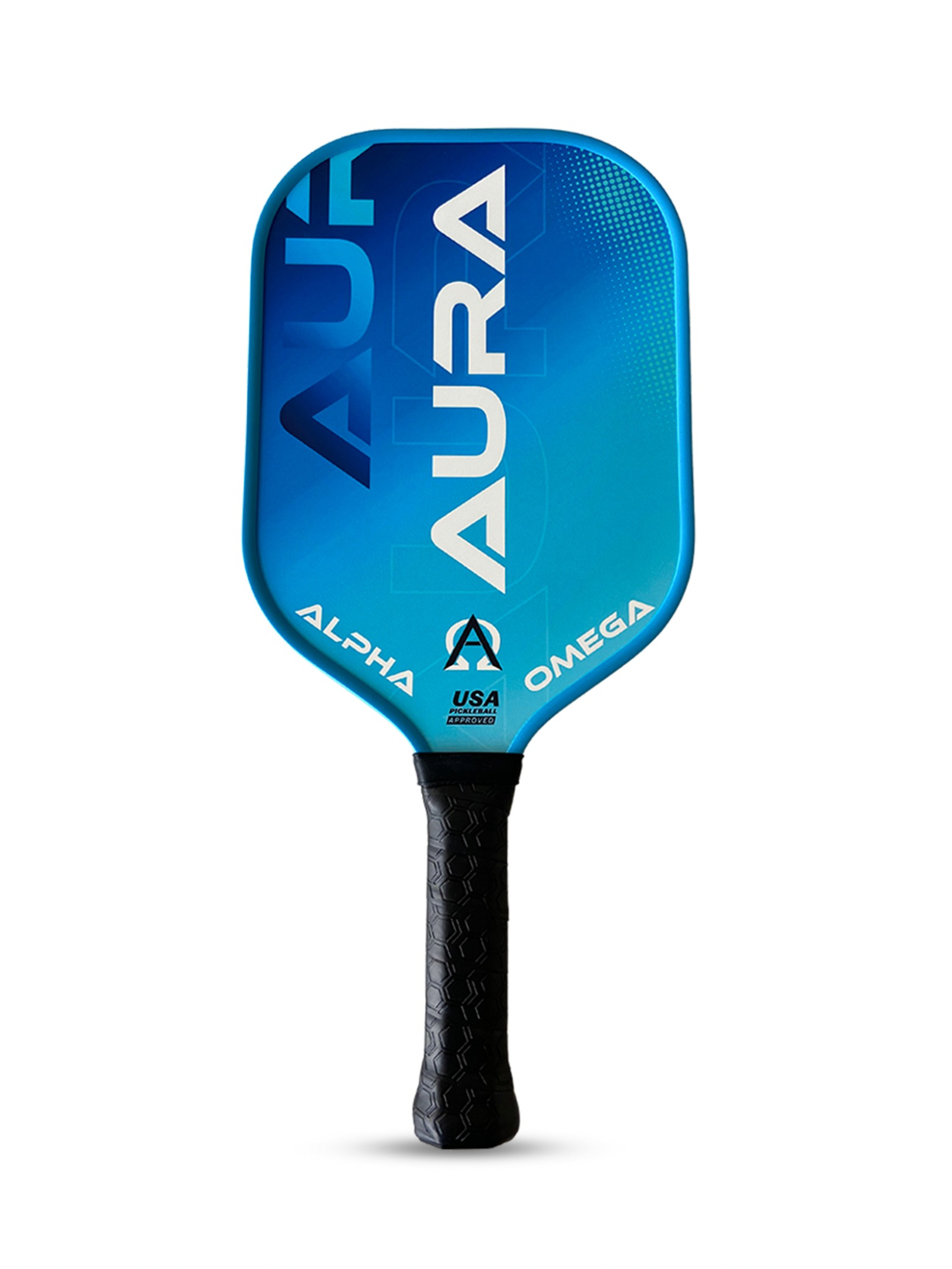 A blue pickleball paddle with a black grip.