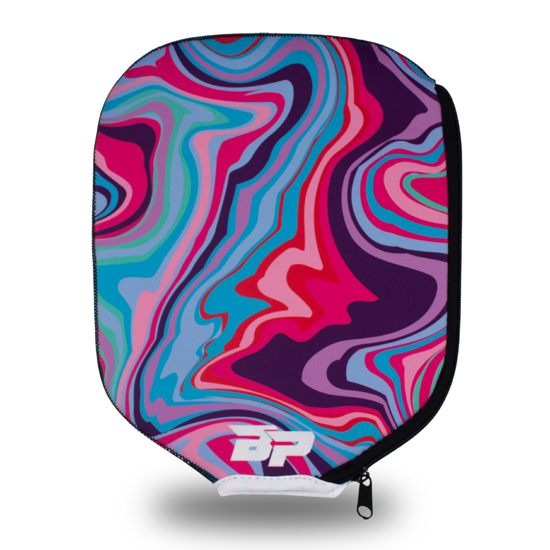 Multi-color swirling fabric paddle cover from Bodhi Performance, with a black zipper and white BP logo.