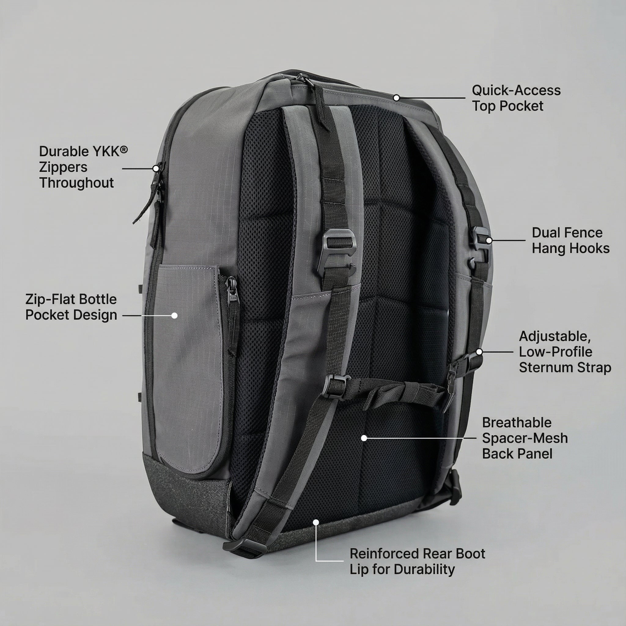 Gray pickleball backpack by FORWRD showing breathable mesh back panel, YKK zippers, quick-access top pocket, and reinforced rear boot lip.