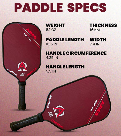 Two maroon pickleball paddles with product specs.