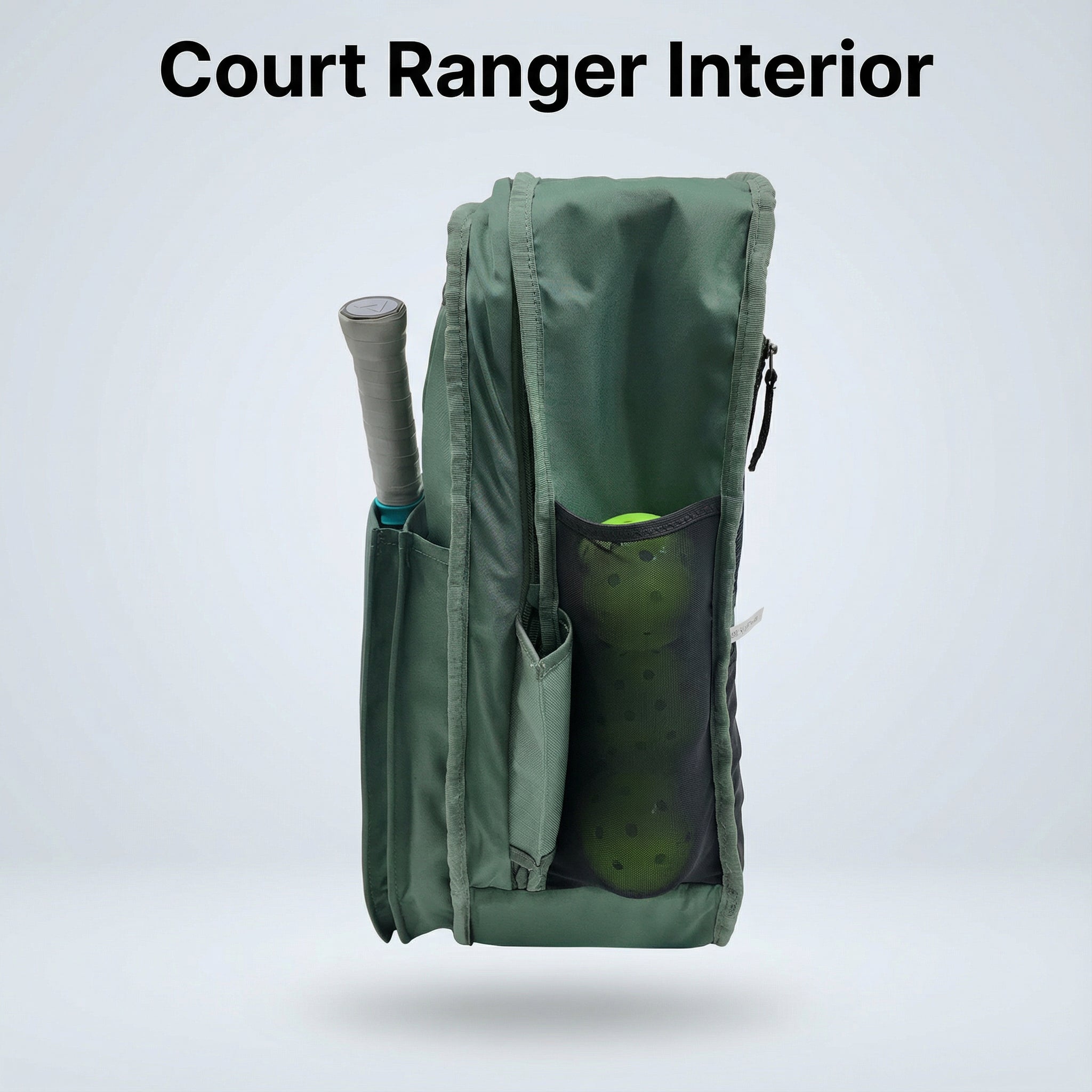Dark green Pickleball Backpack by FORWRD, side view showing a tennis racket and green pickleballs in mesh pockets.