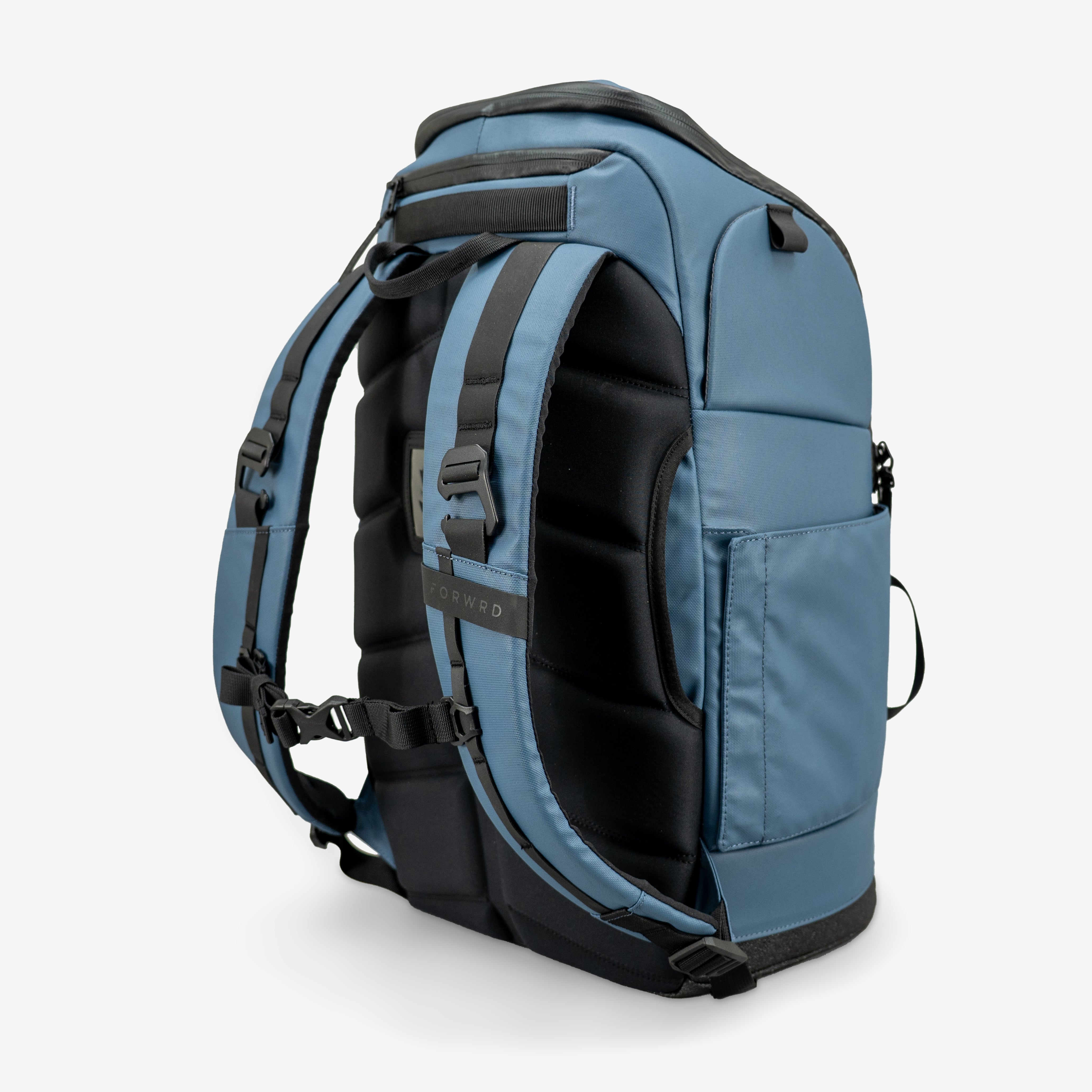 Blue pickleball backpack by FORWRD, side and back view showing padded back panel and adjustable shoulder straps.
