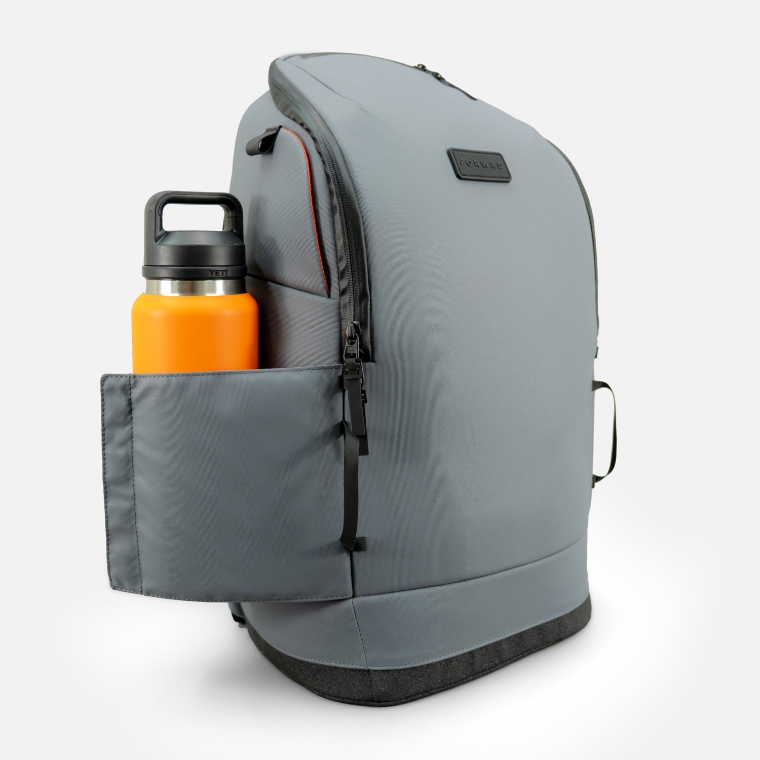 Gray pickleball backpack by FORWRD with a side water bottle pocket holding an orange bottle and a padded black base.