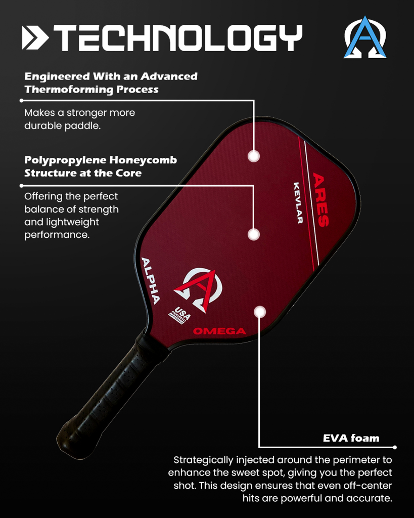 Red and black pickleball paddle, showcasing its materials and technology.