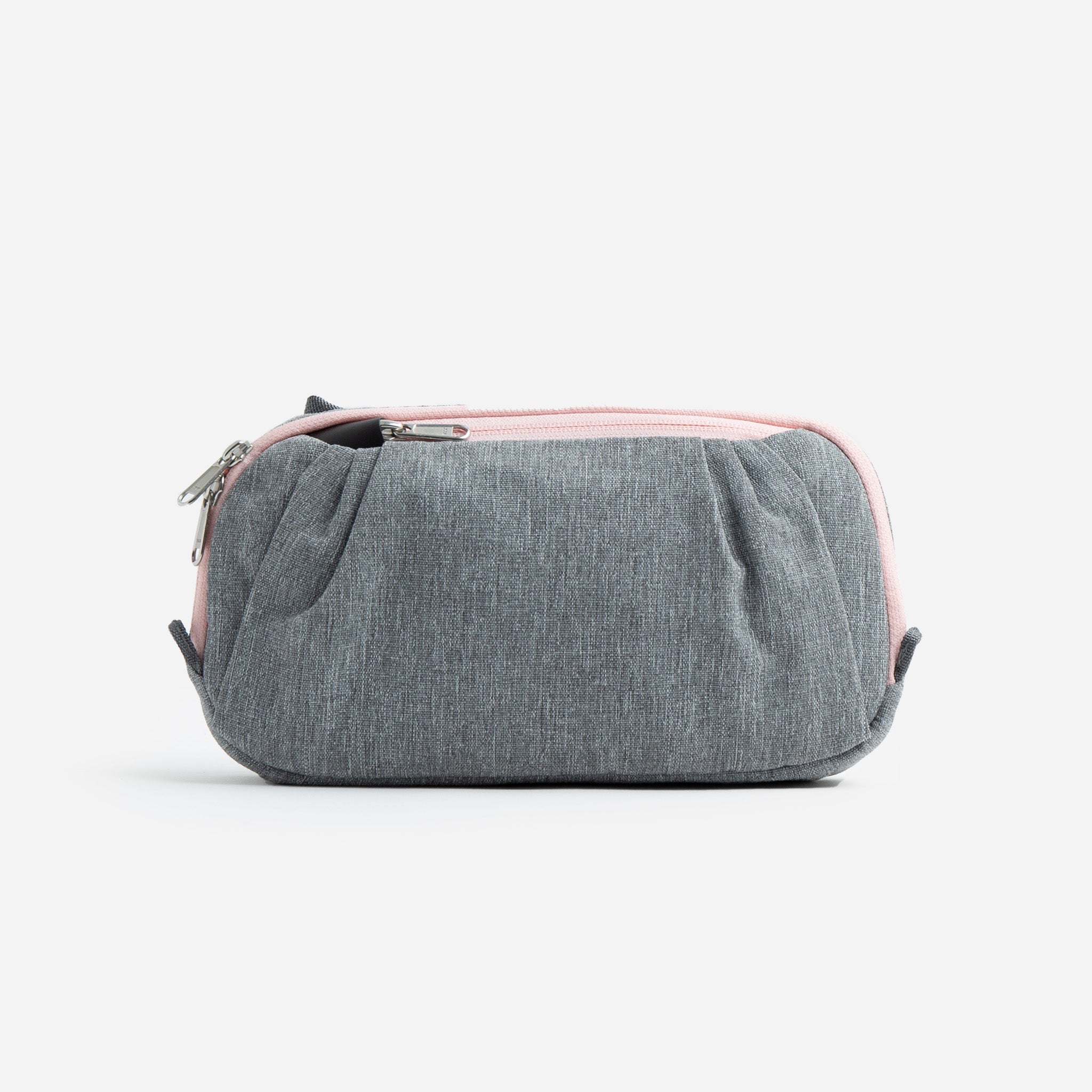 Gray and pink fabric zippered pouch.