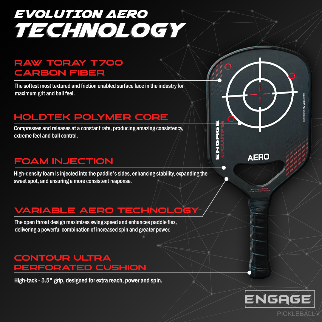 Black Aero raw carbon fiber pickleball paddle by EngagePickleball, showcasing foam injected and thermoformed technology features with a target graphic.