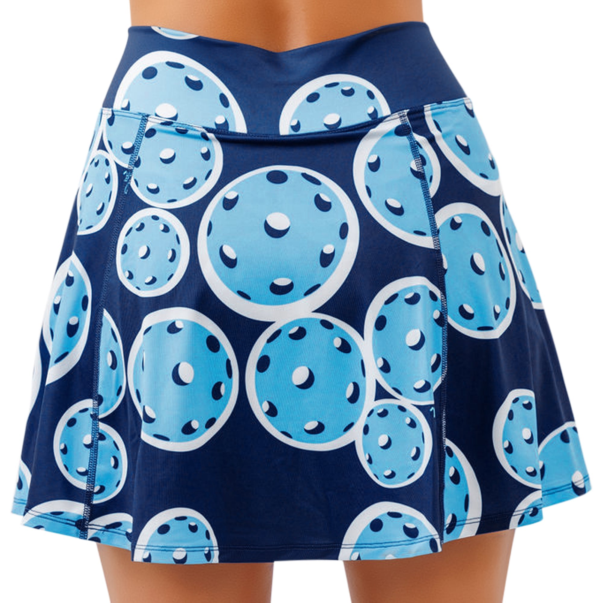 Navy blue A-line skort by Pickleball Bella with light blue and white pickleball ball pattern.