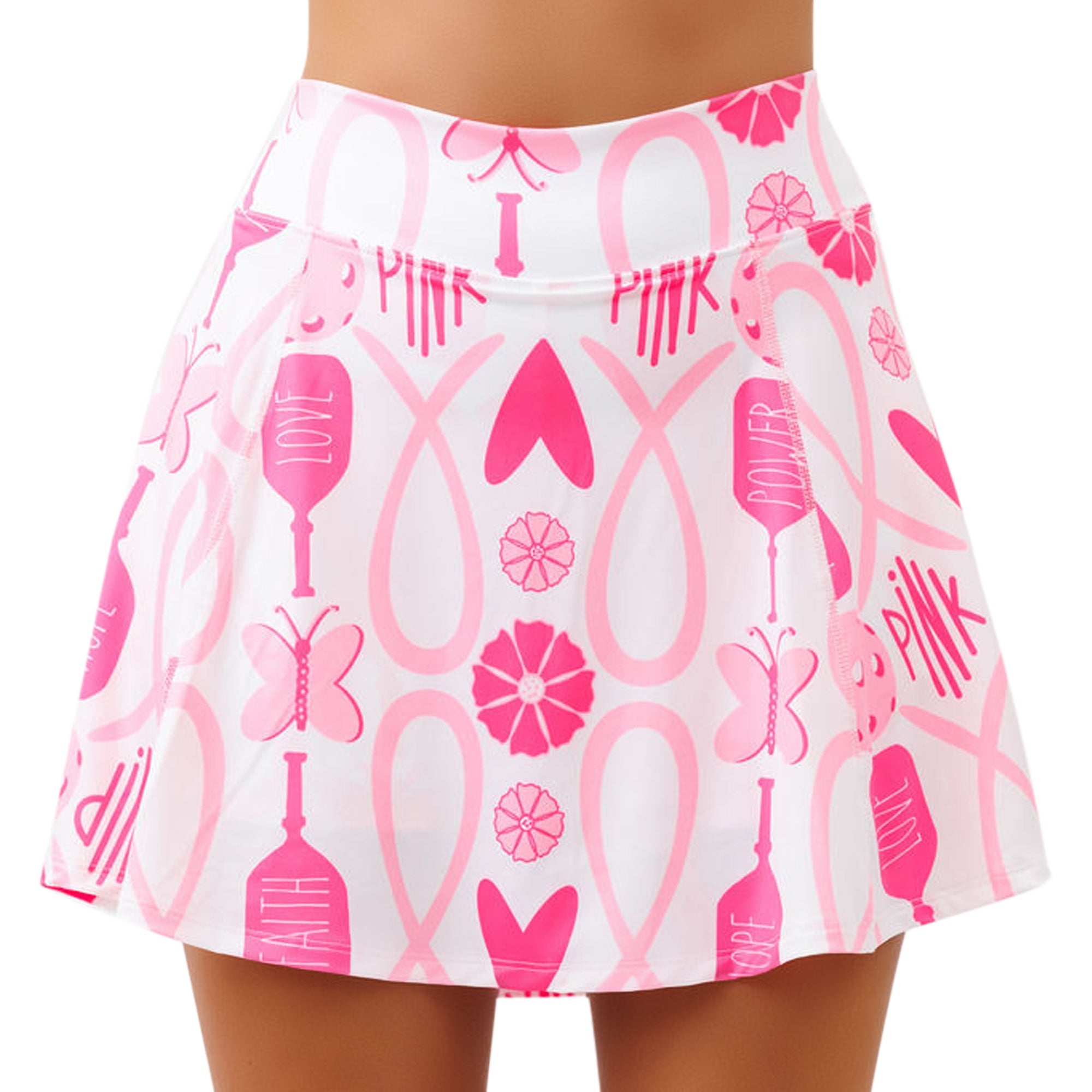 White and pink A-line skort by Pickleball Bella with various pink breast cancer awareness symbols and words.