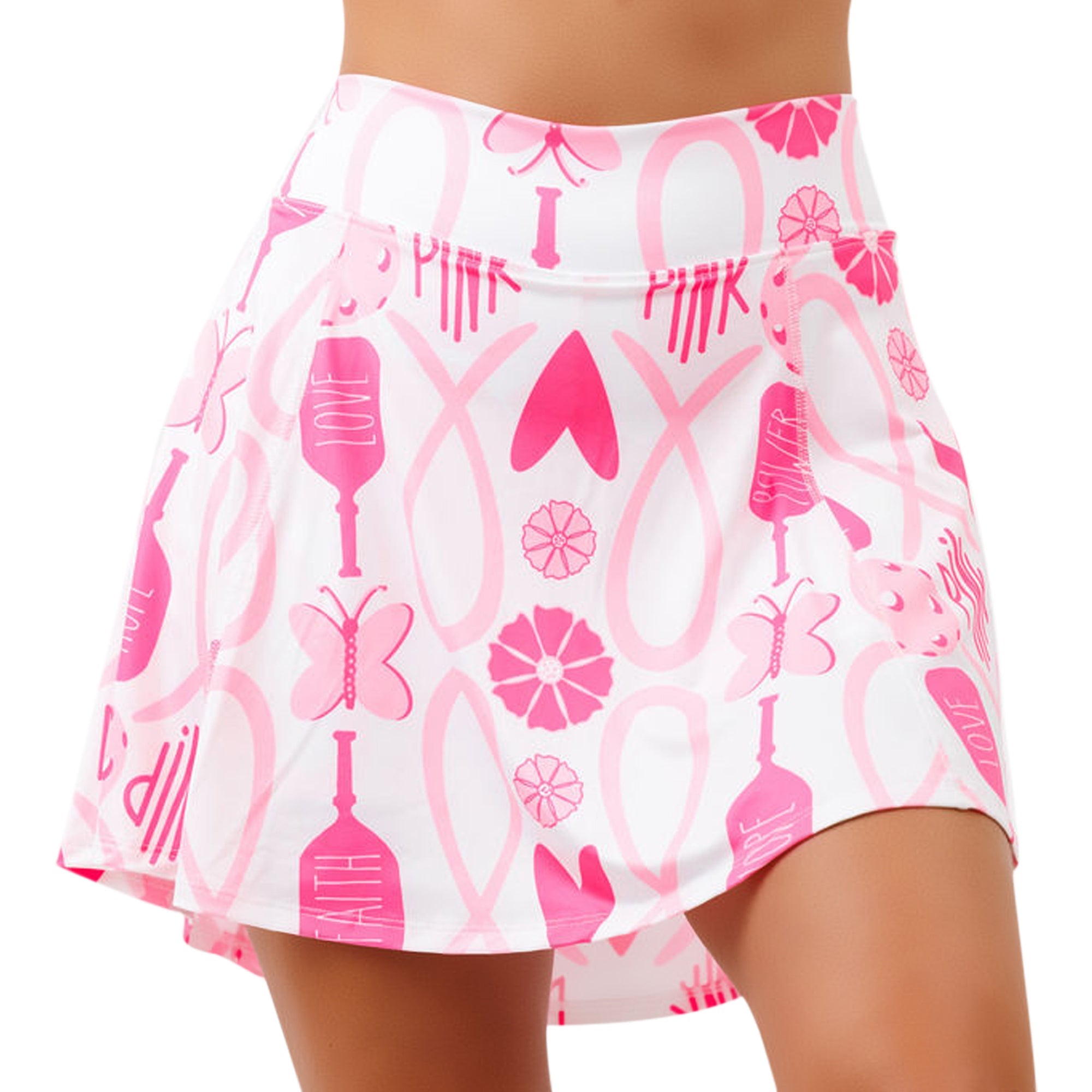 Pink and white 'Hope' A-line skort by Pickleball Bella, featuring breast cancer awareness symbols and words.