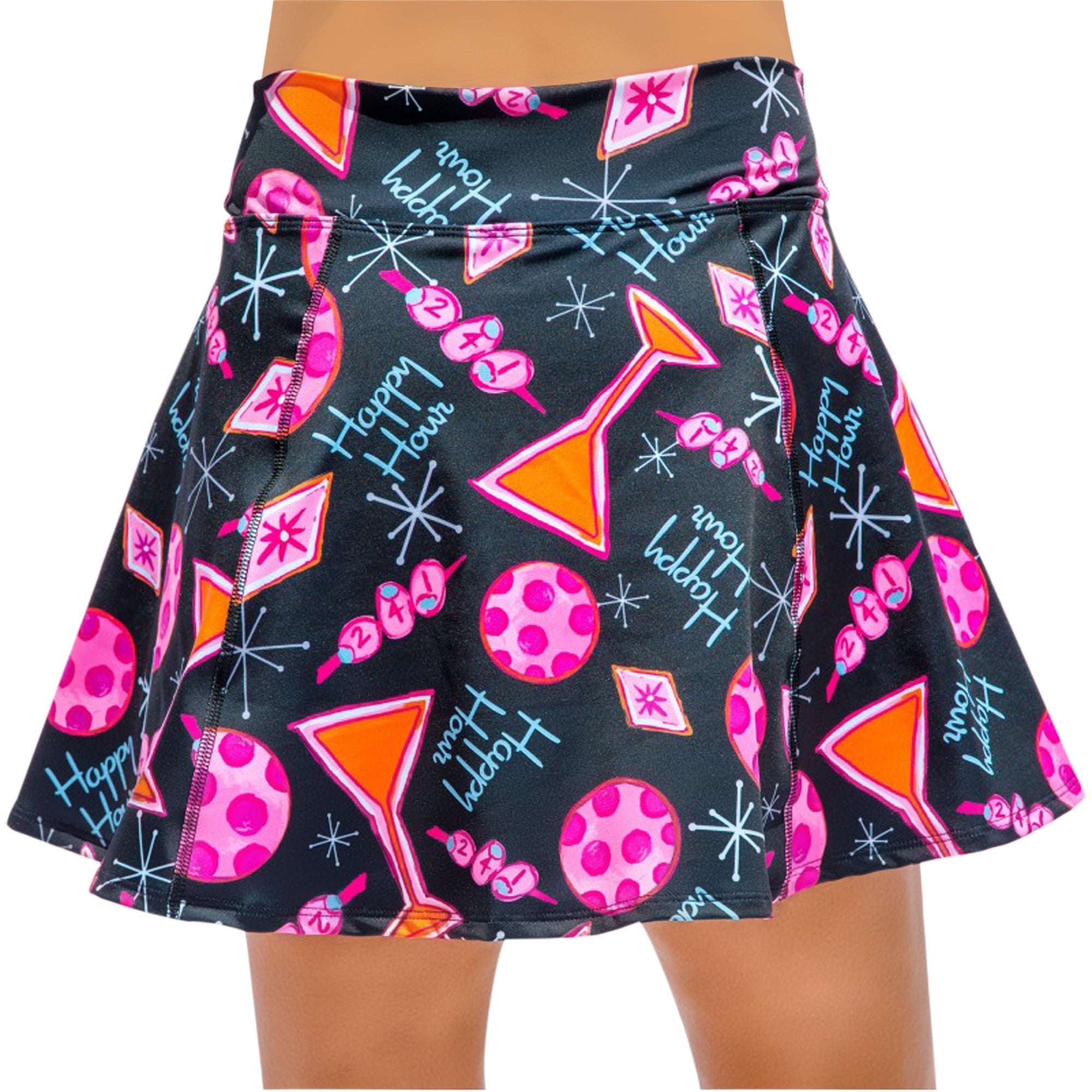 Black A-line skort by Pickleball Bella, featuring a colorful martini and 'Happy Hour' pattern.